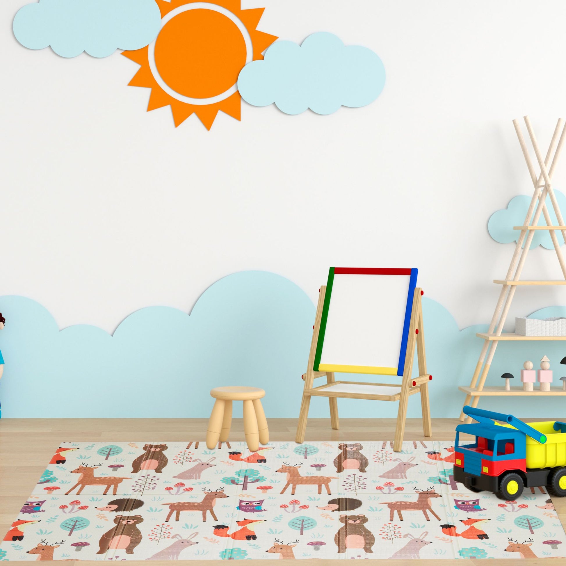 Faltbare Spielmatte mit Waldtieren Weiss-Grün-Rot von Relaxdays