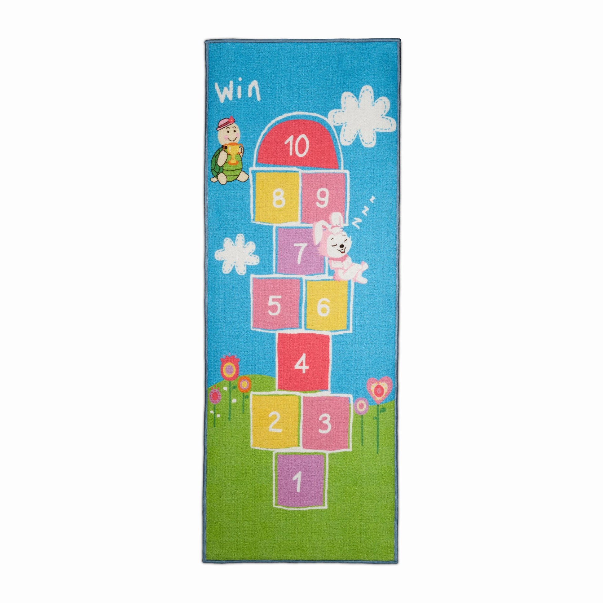 Kinderteppich Hüpfspiel 180 x 70cm Blau-Grün-Rosa von guteszeug.ch