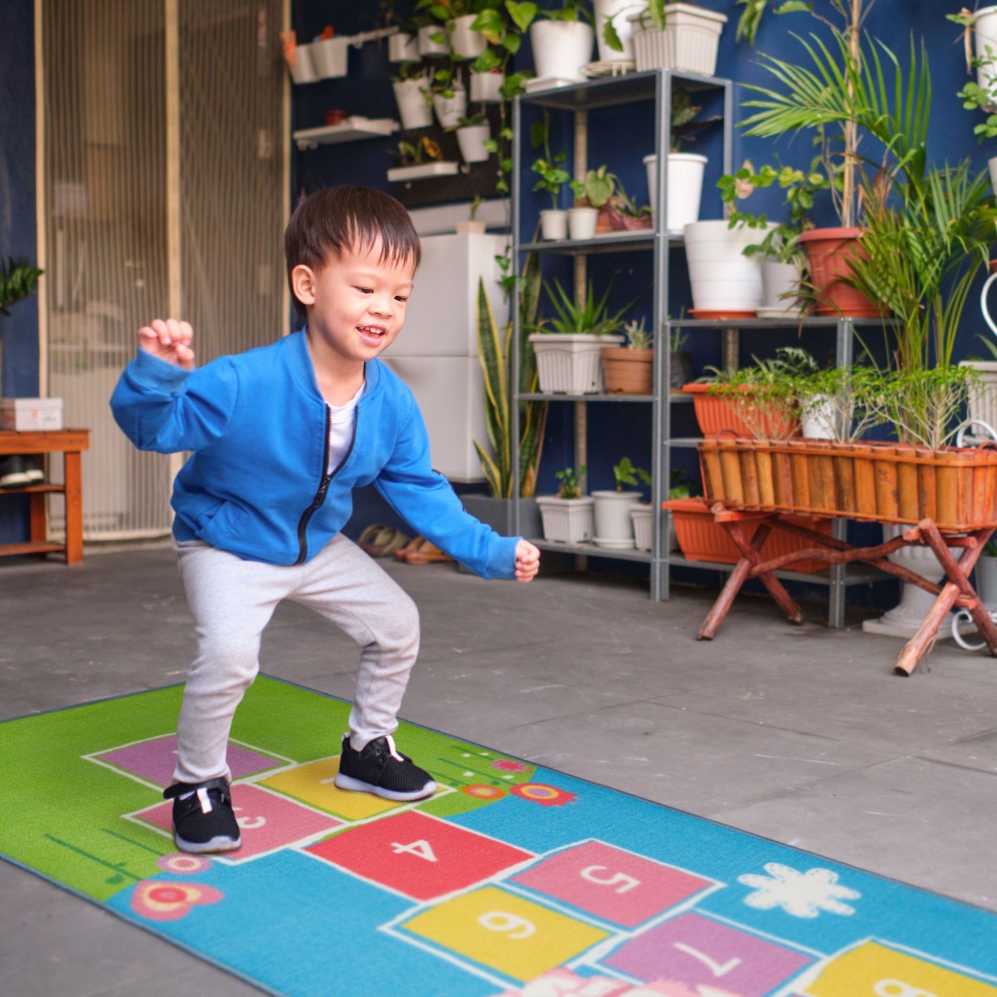 Kinderteppich Hüpfspiel 180 x 70cm Blau-Grün-Rosa von guteszeug.ch