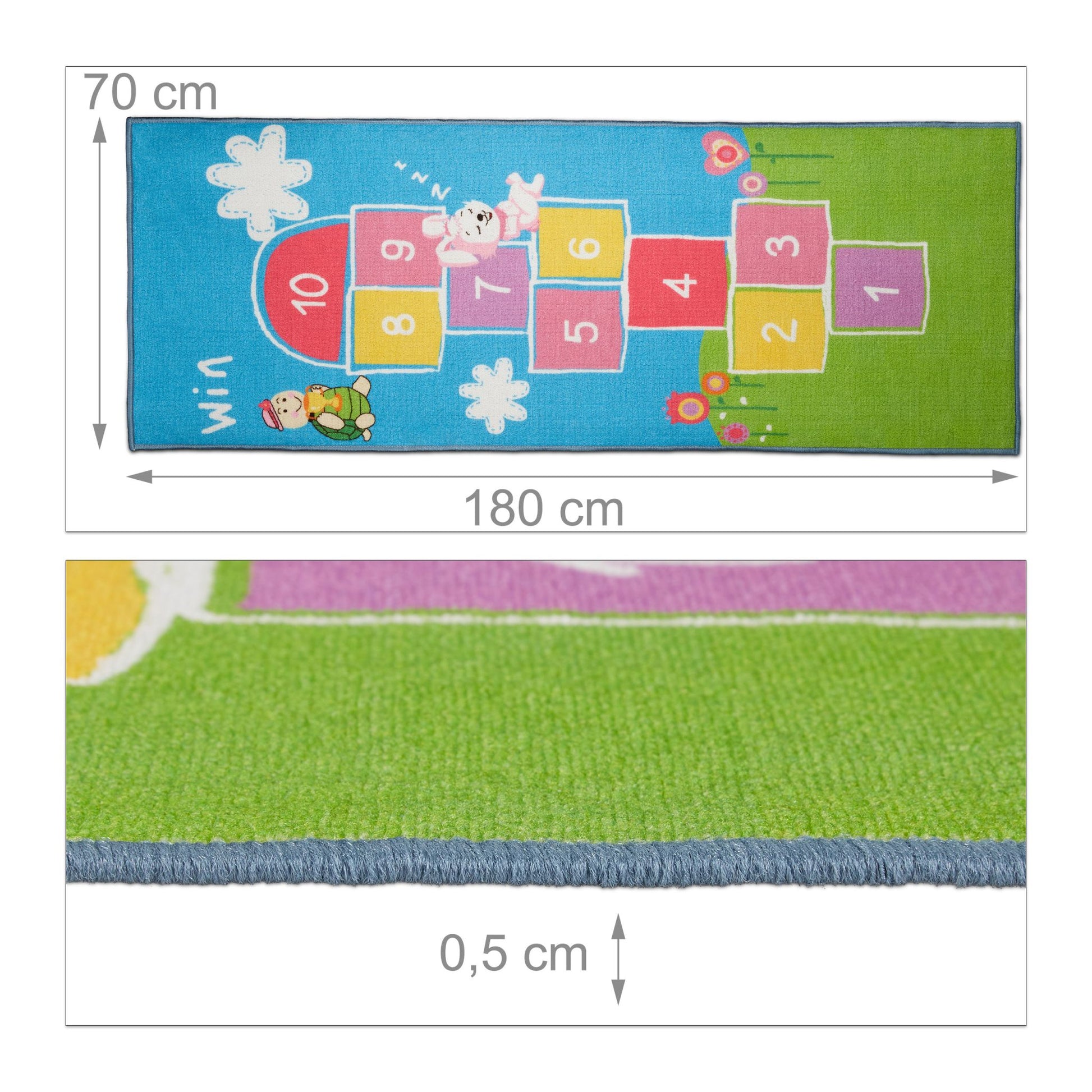 Kinderteppich Hüpfspiel 180 x 70cm Blau-Grün-Rosa von guteszeug.ch