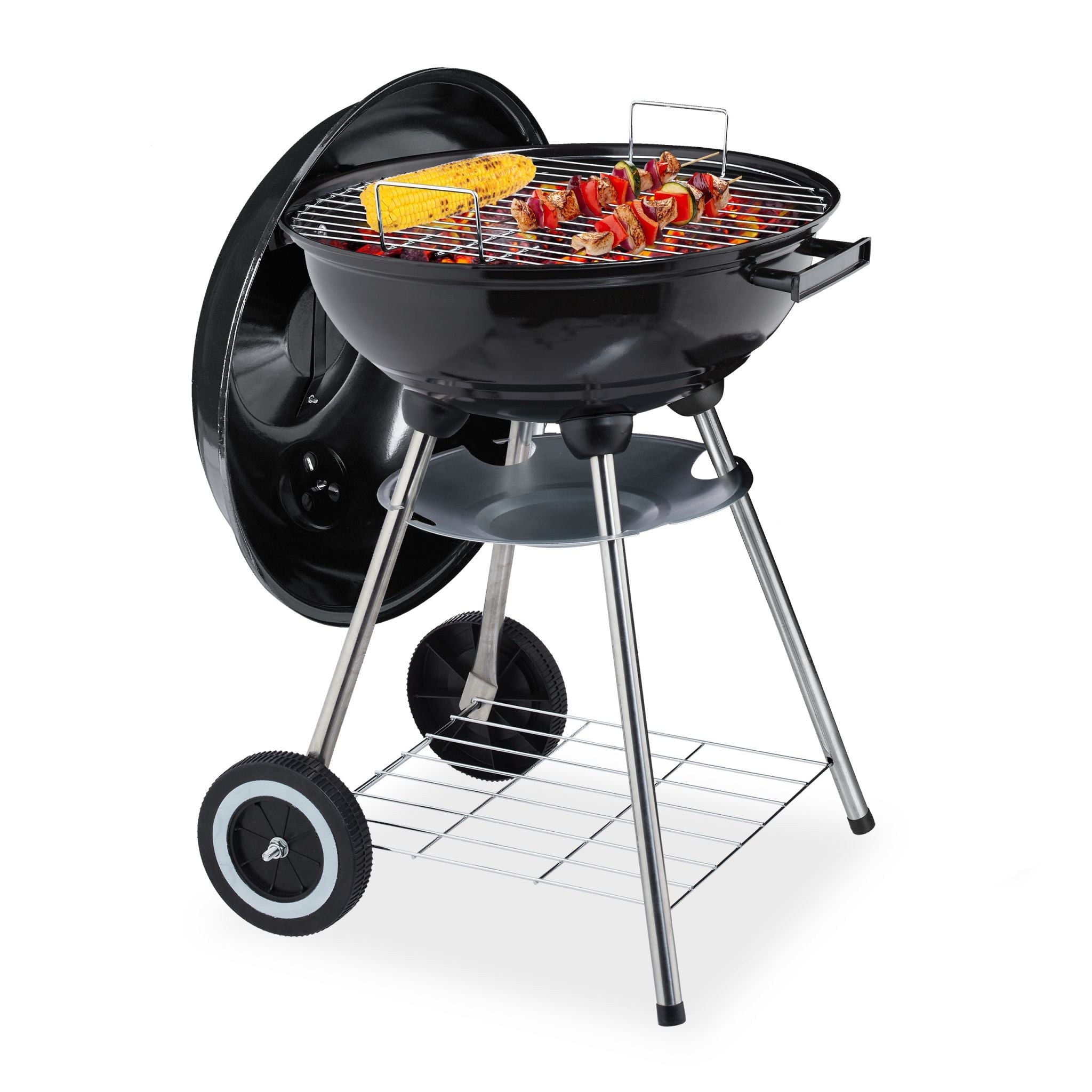 Kugelgrill mit Deckel Schwarz-Silber von Relaxdays