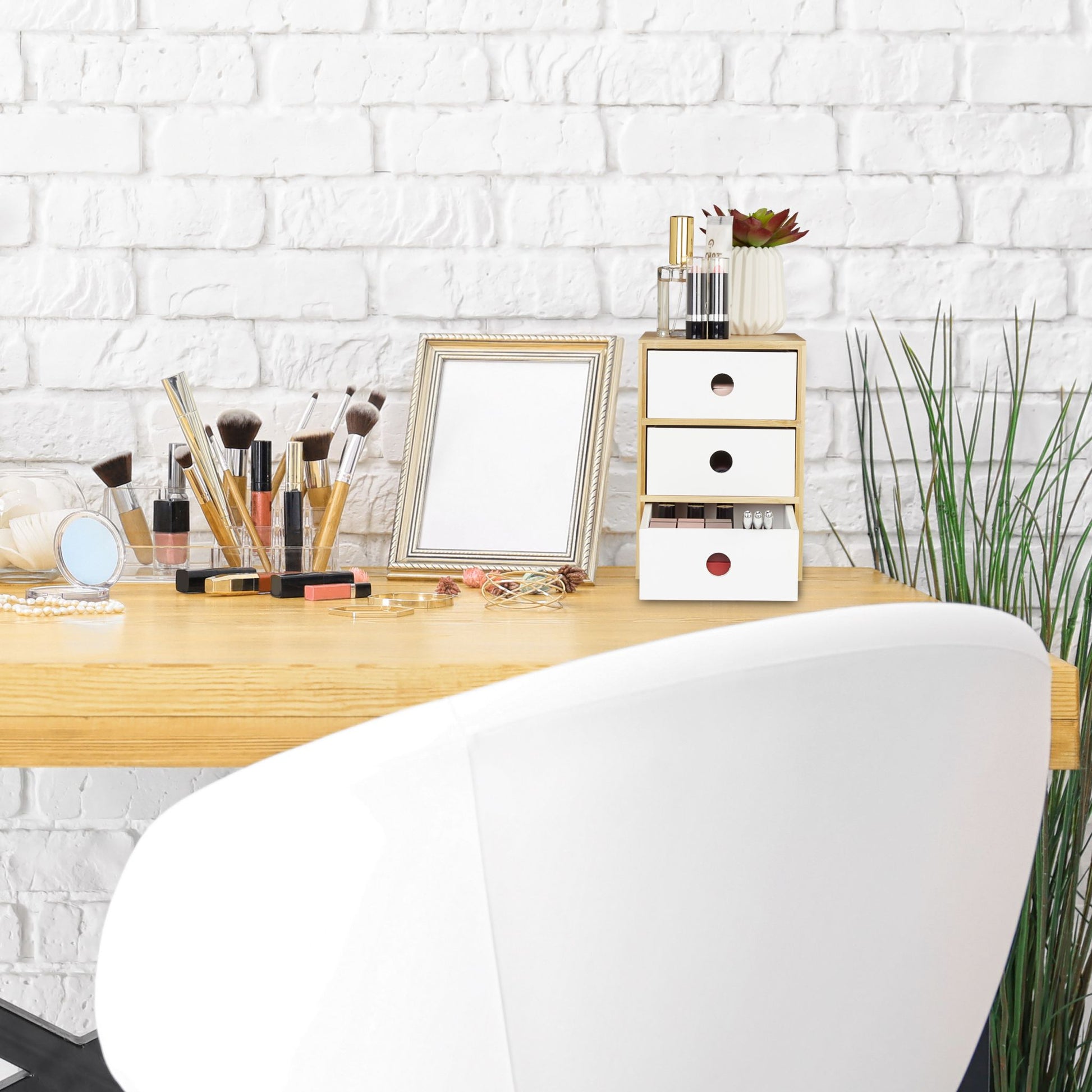 Schreibtisch Organizer 3 Schubladen Weiss-Hellbraun von Relaxdays