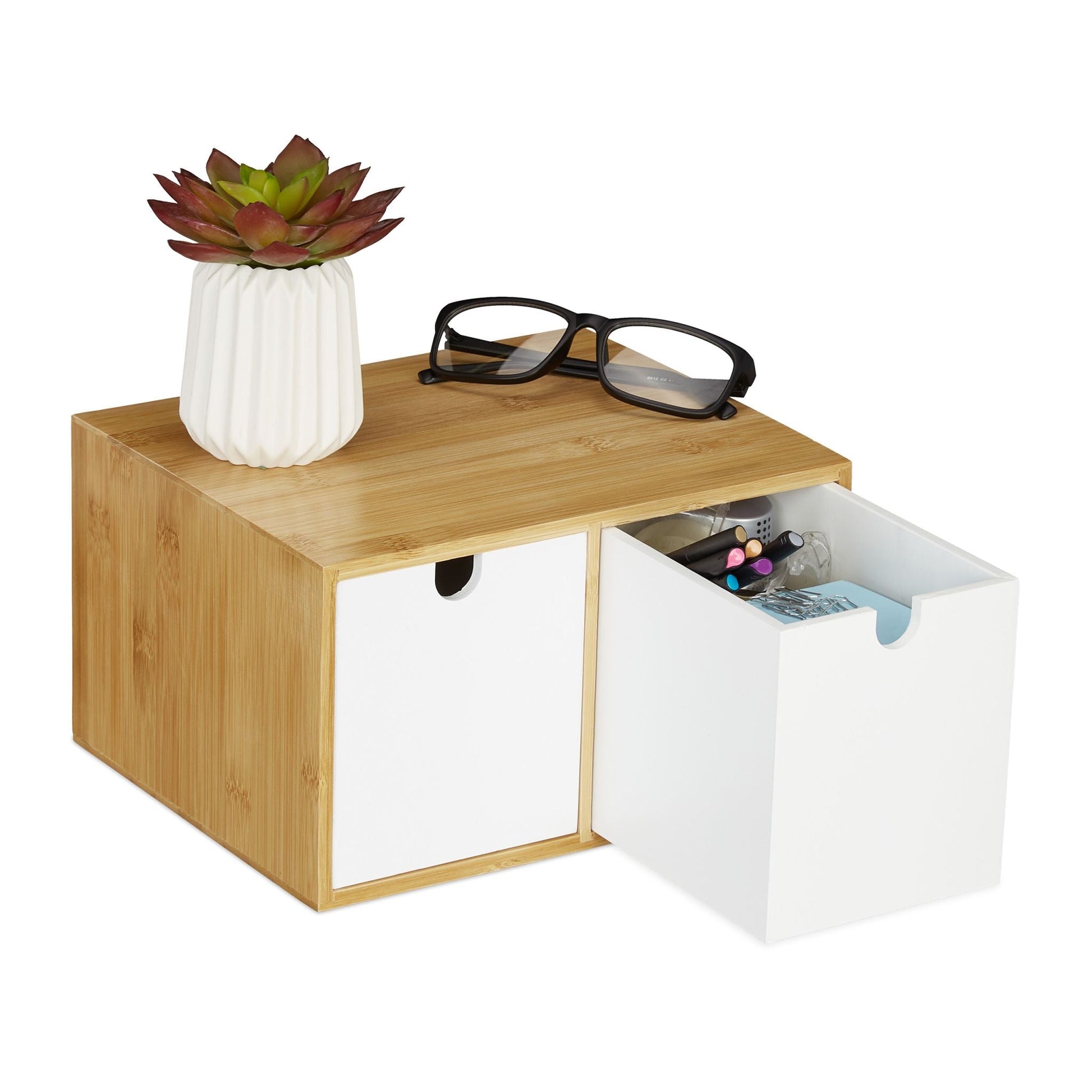 Schreibtisch Organizer 2 Schubladen Weiss-Hellbraun von Relaxdays