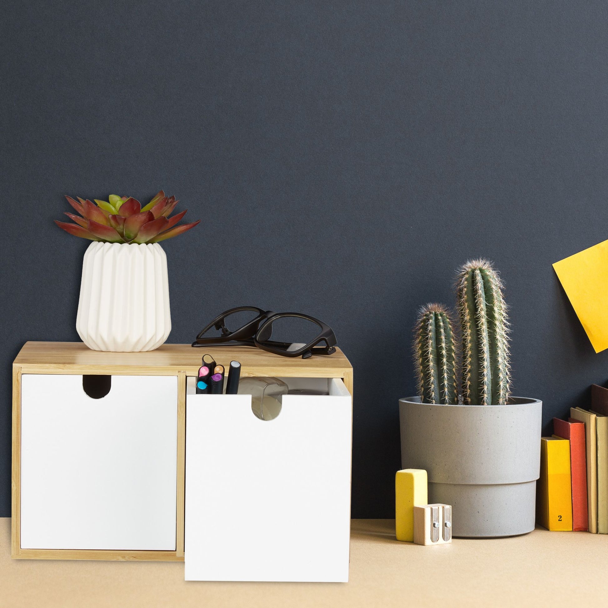 Schreibtisch Organizer 2 Schubladen Weiss-Hellbraun von Relaxdays
