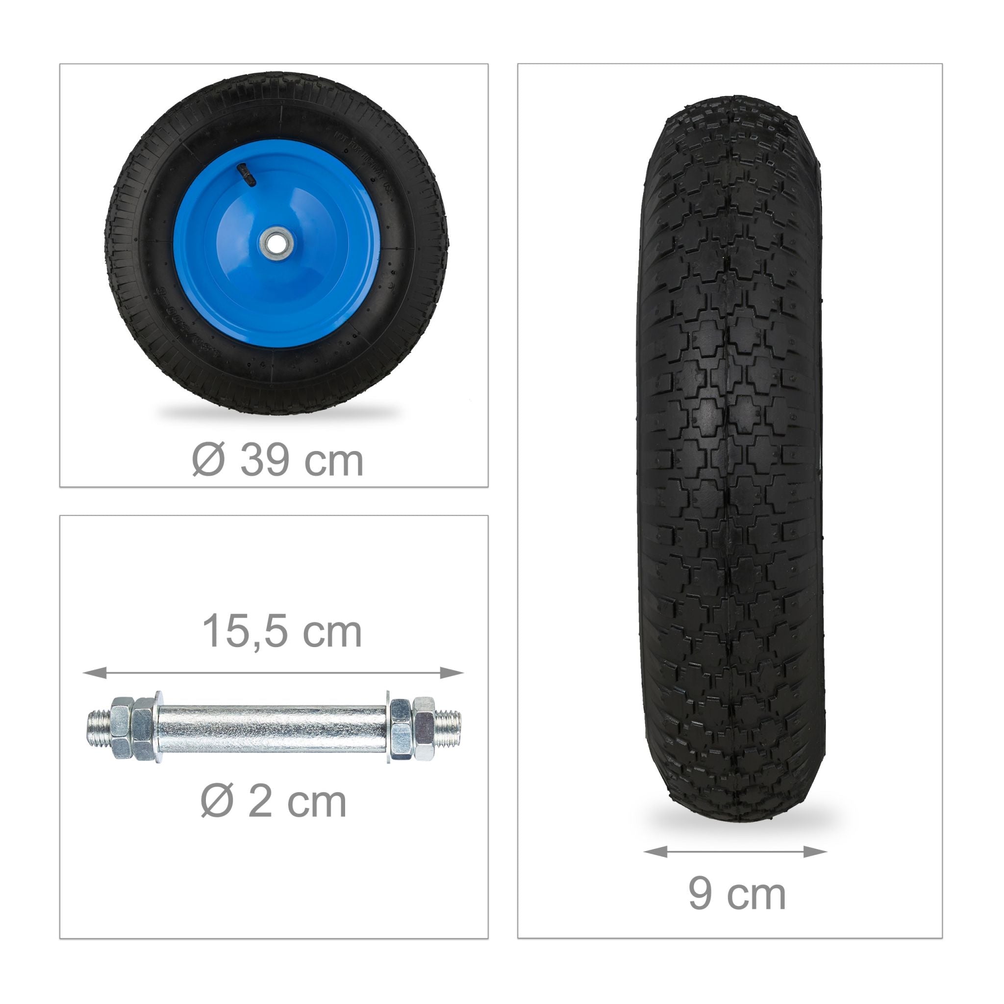Schubkarrenrad 4.80 4.00-8 mit Achse Blau-Schwarz von Relaxdays