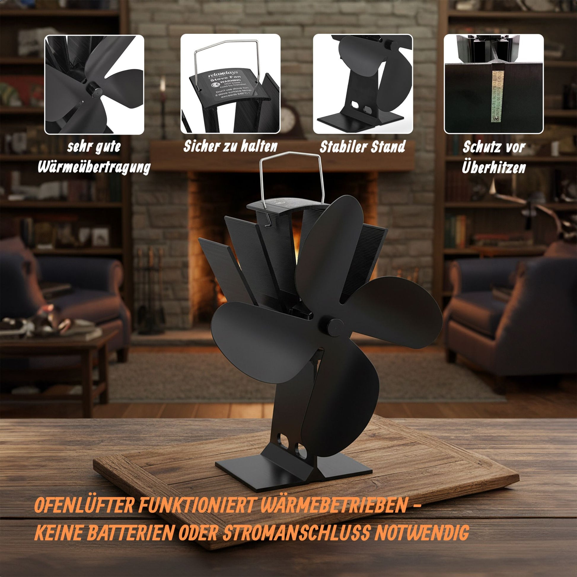 Ofenventilator ohne Strom schwarz Schwarz von Relaxdays
