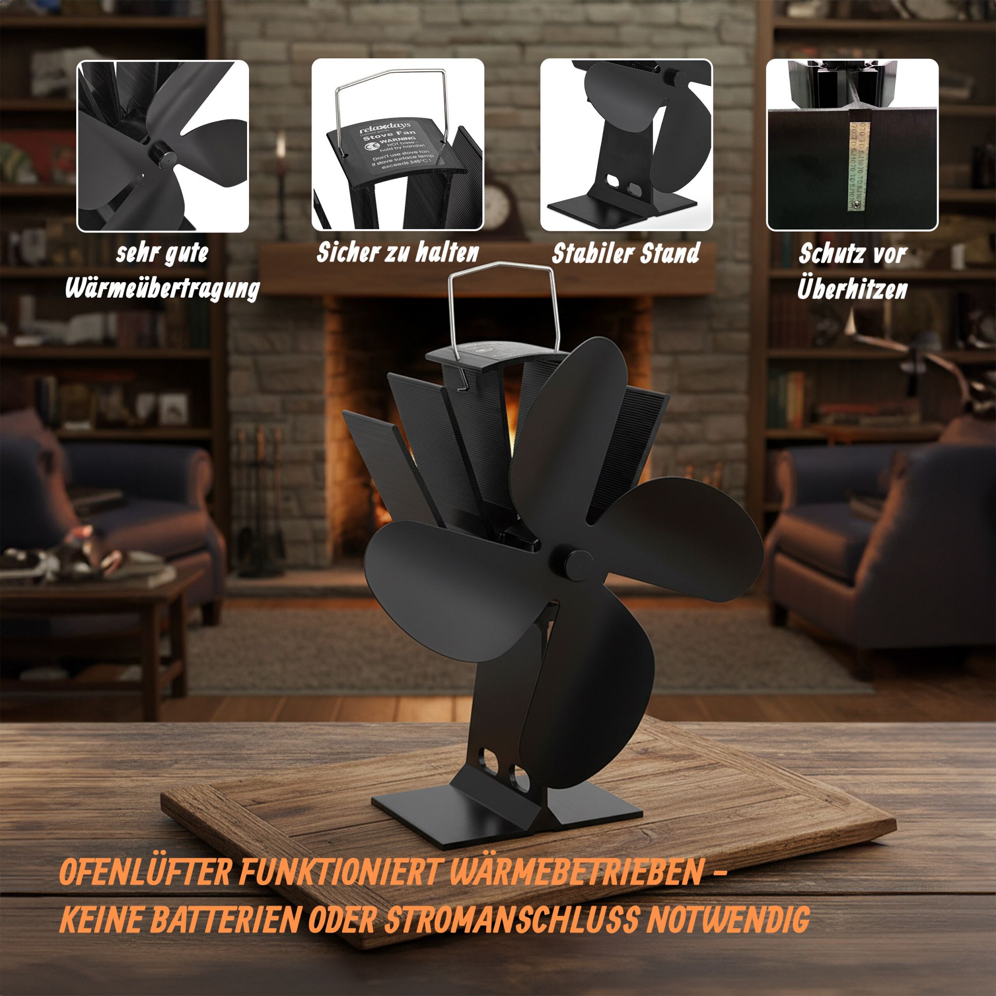 Ofenventilator ohne Strom schwarz Schwarz von Relaxdays