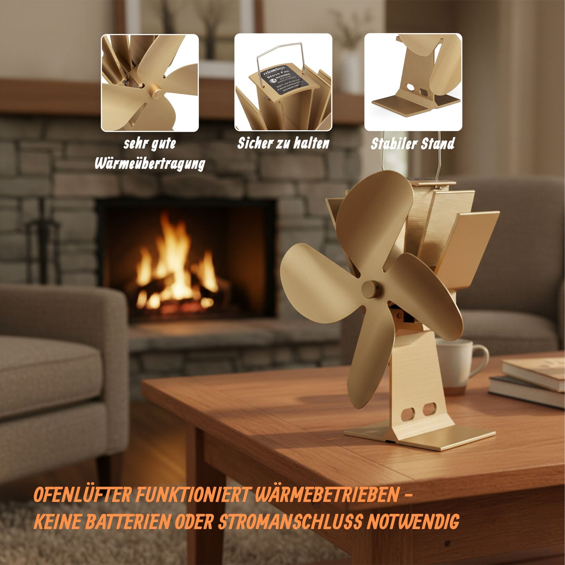 Ofenventilator ohne Strom Hellbraun von Relaxdays