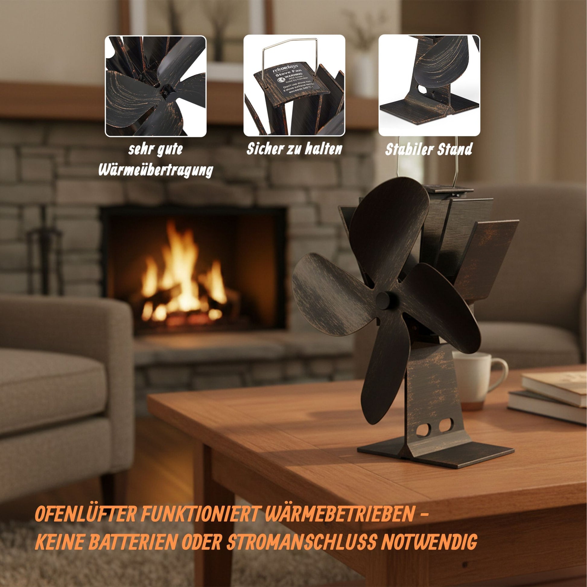 Ofenventilator ohne Strom Vintage Hellbraun-Schwarz von Relaxdays