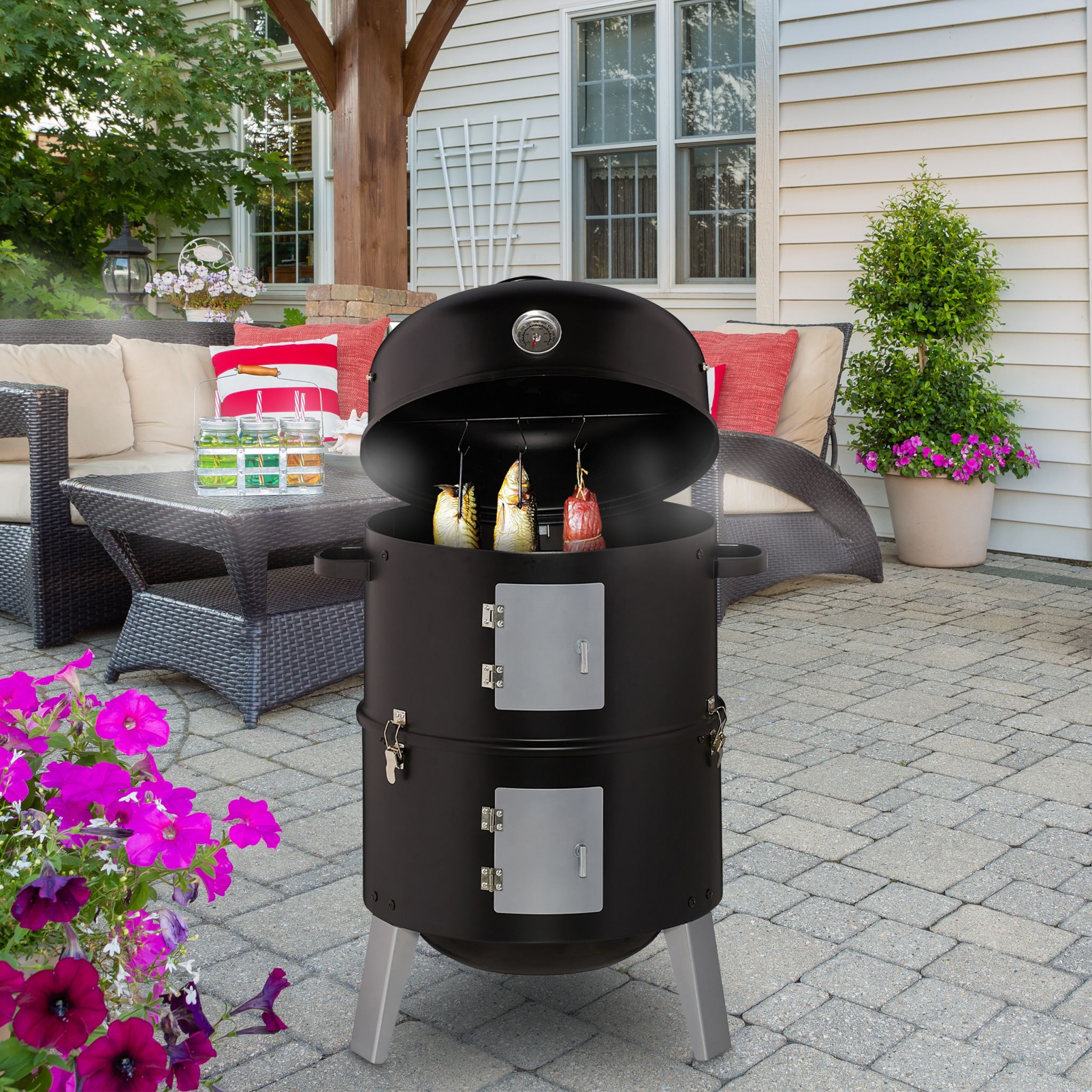 Smoker Räuchertonne Schwarz-Silber von Relaxdays