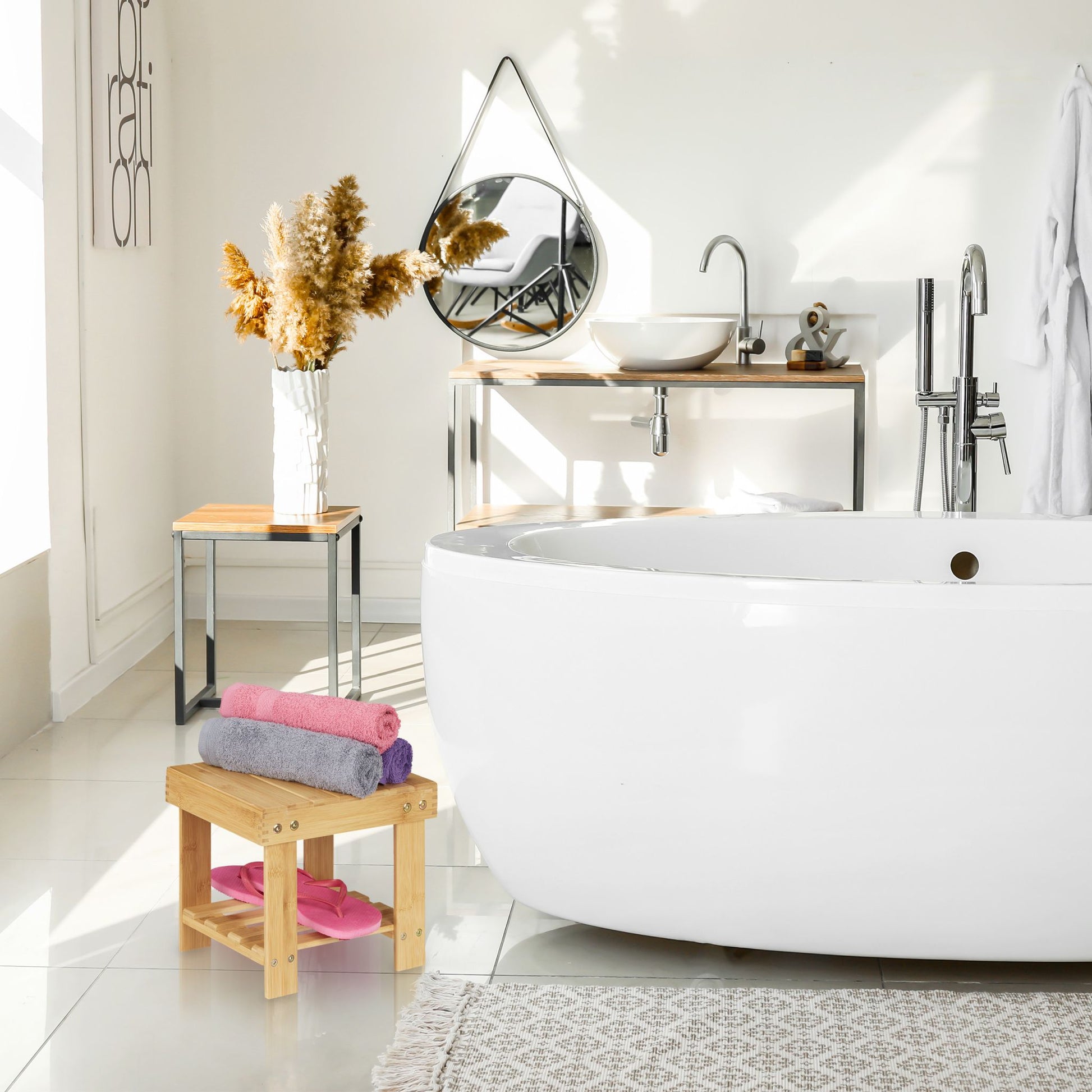 Kleine Fussbank Bambus Hellbraun von Relaxdays