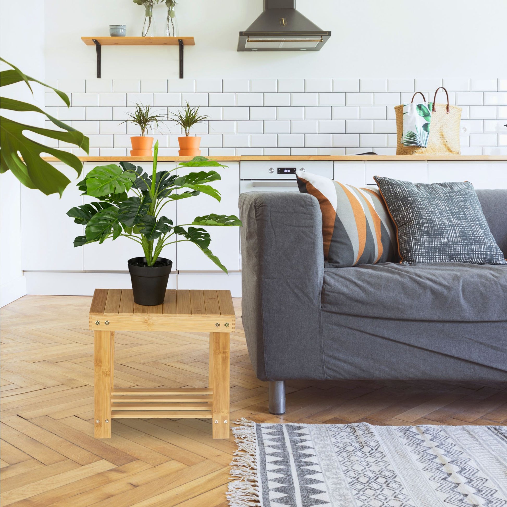 Grosse Fussbank Bambus Hellbraun von Relaxdays