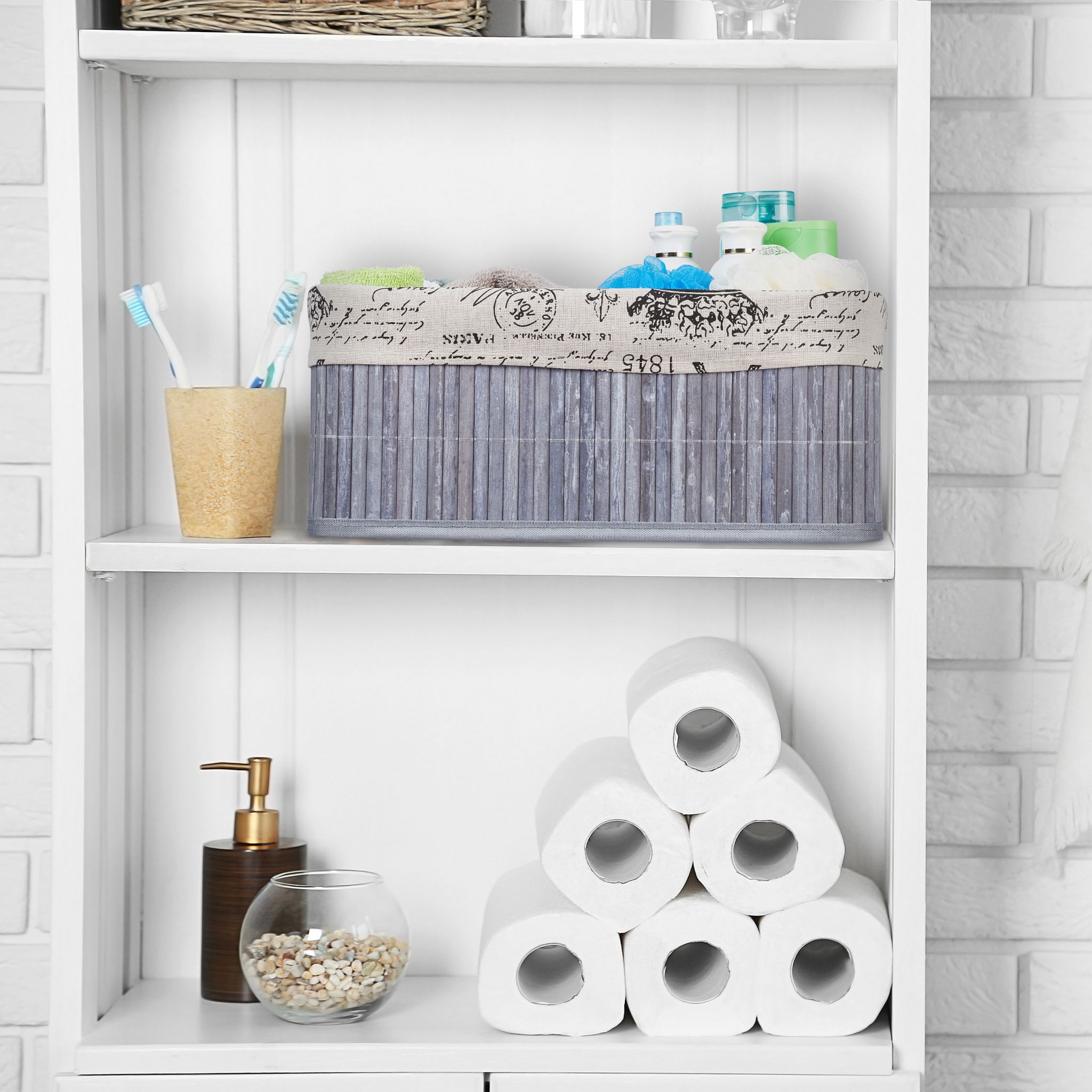 Aufbewahrungskorb Bambus mit Print Creme-Schwarz-Grau von Relaxdays