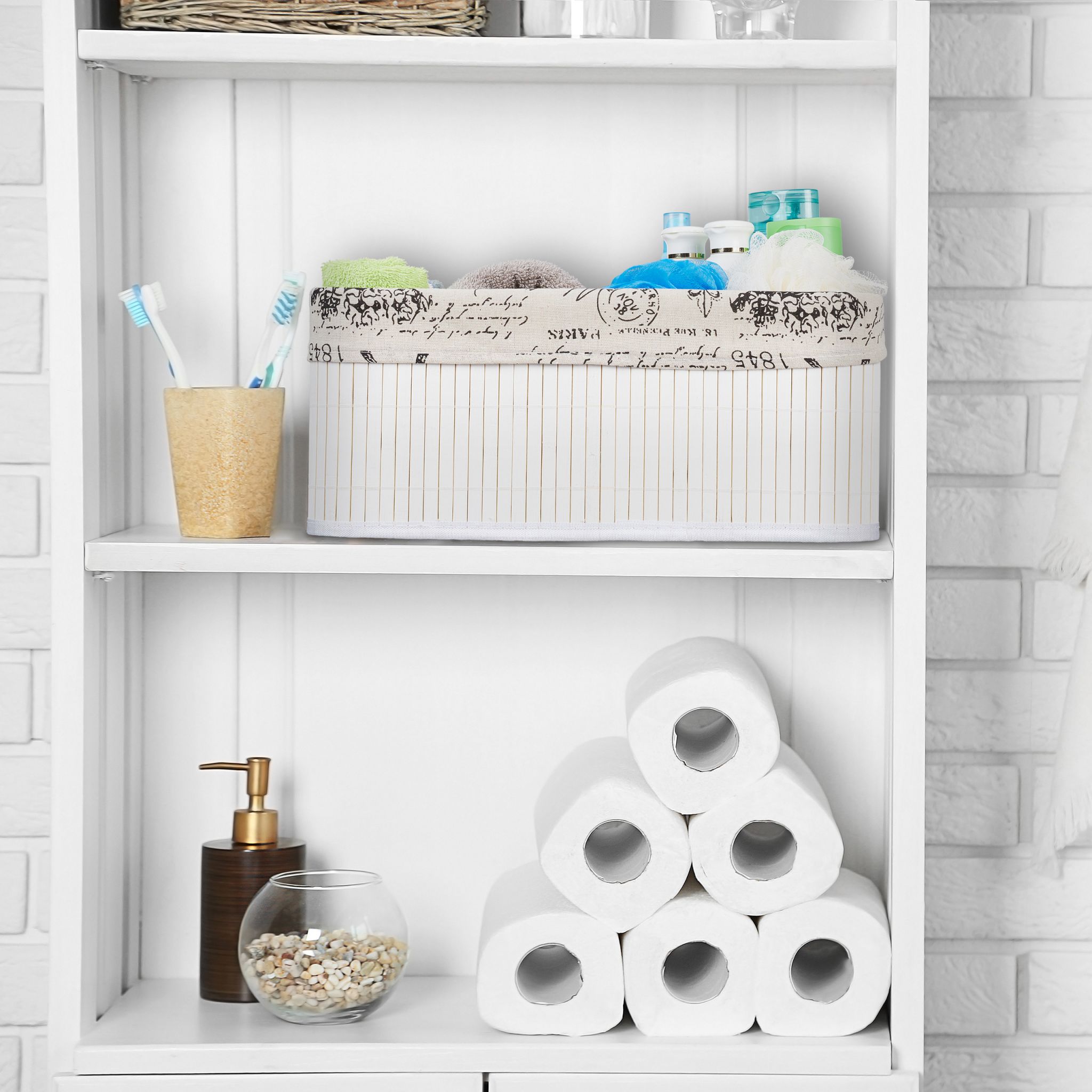 Aufbewahrungskorb Bambus mit Print Weiss-Creme-Schwarz von Relaxdays