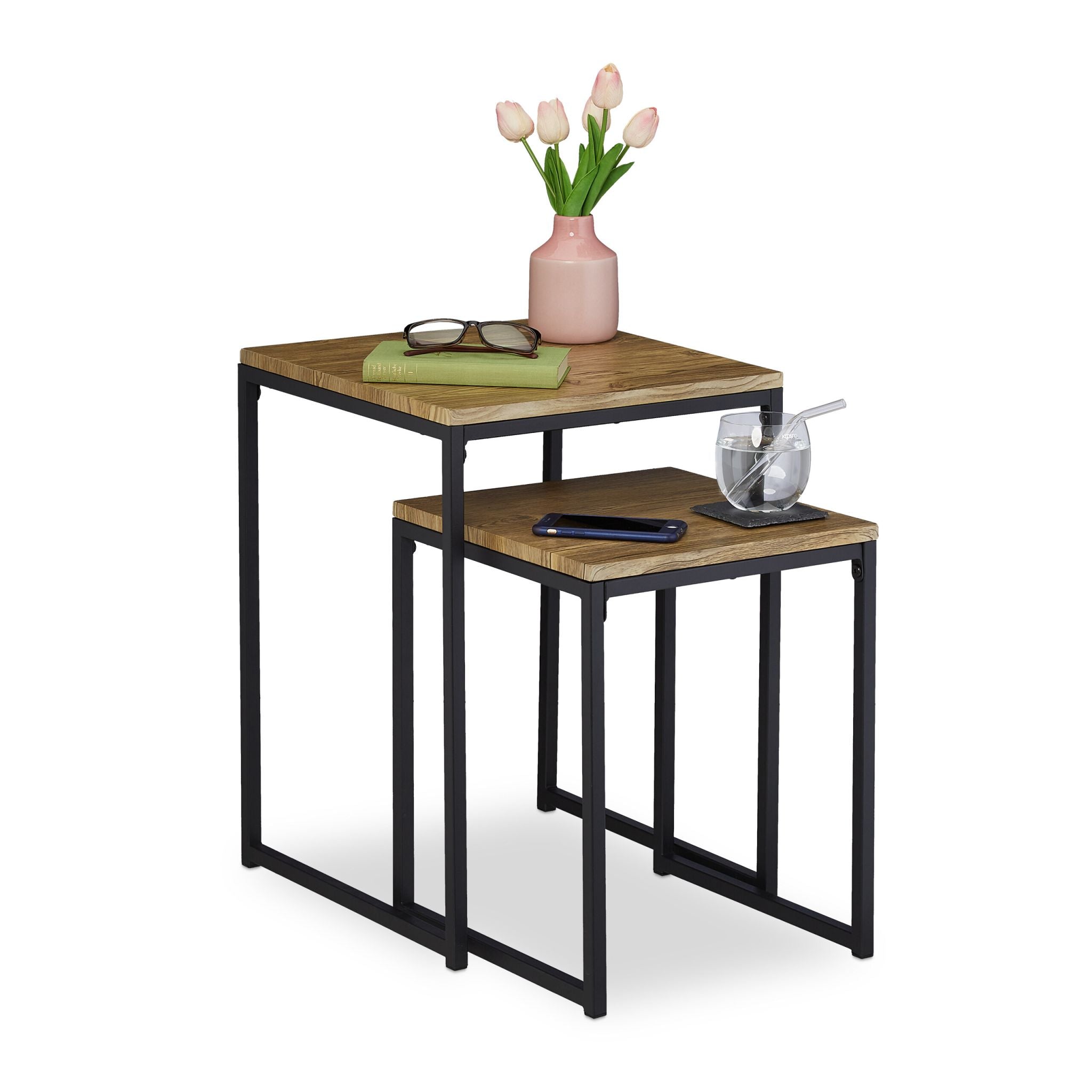 Beistelltisch 2er-Set Holzoptik Braun-Schwarz von Relaxdays