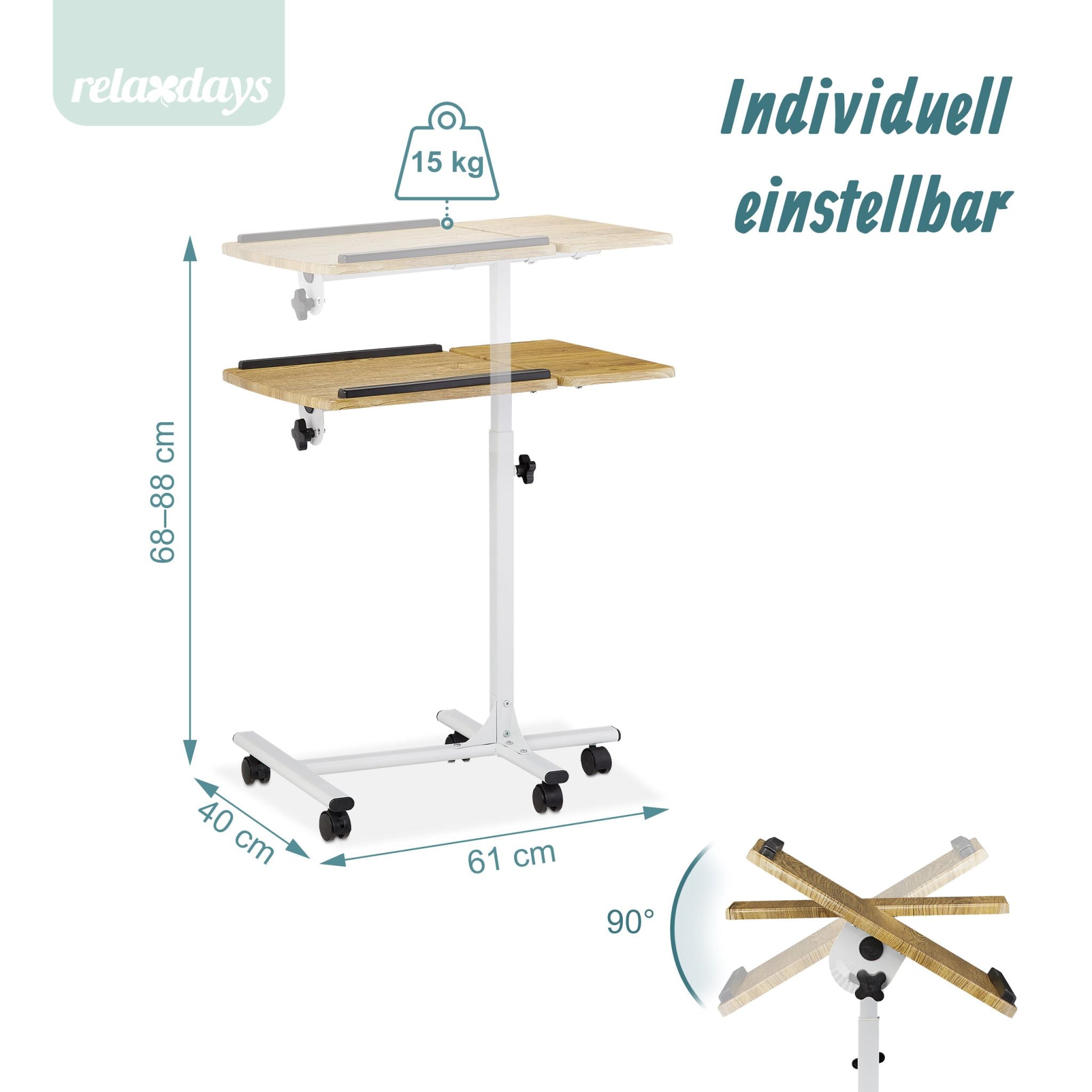 Laptoptisch höhenverstellbar mit Rollen Weiss-Hellbraun-Schwarz von Relaxdays