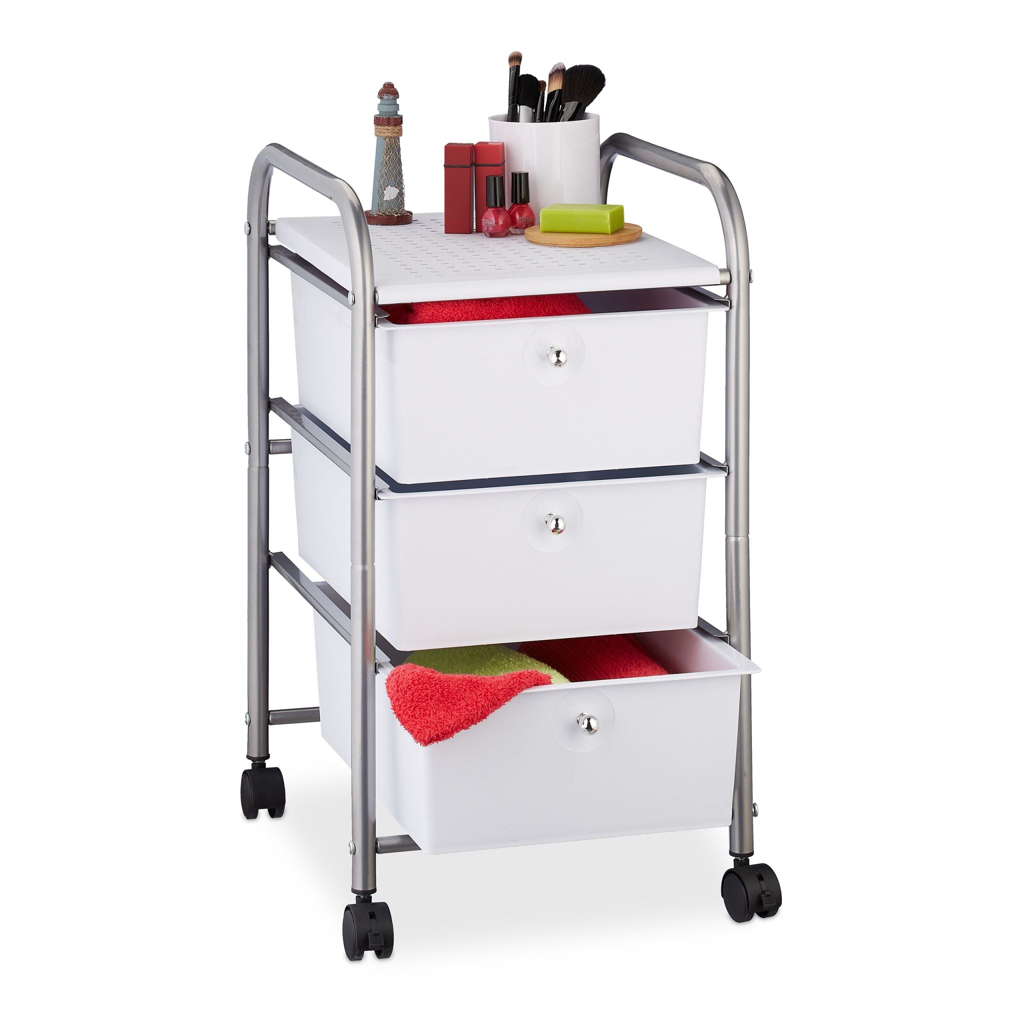 Badrollwagen mit 3 Schubladen Weiss-Silber von Relaxdays