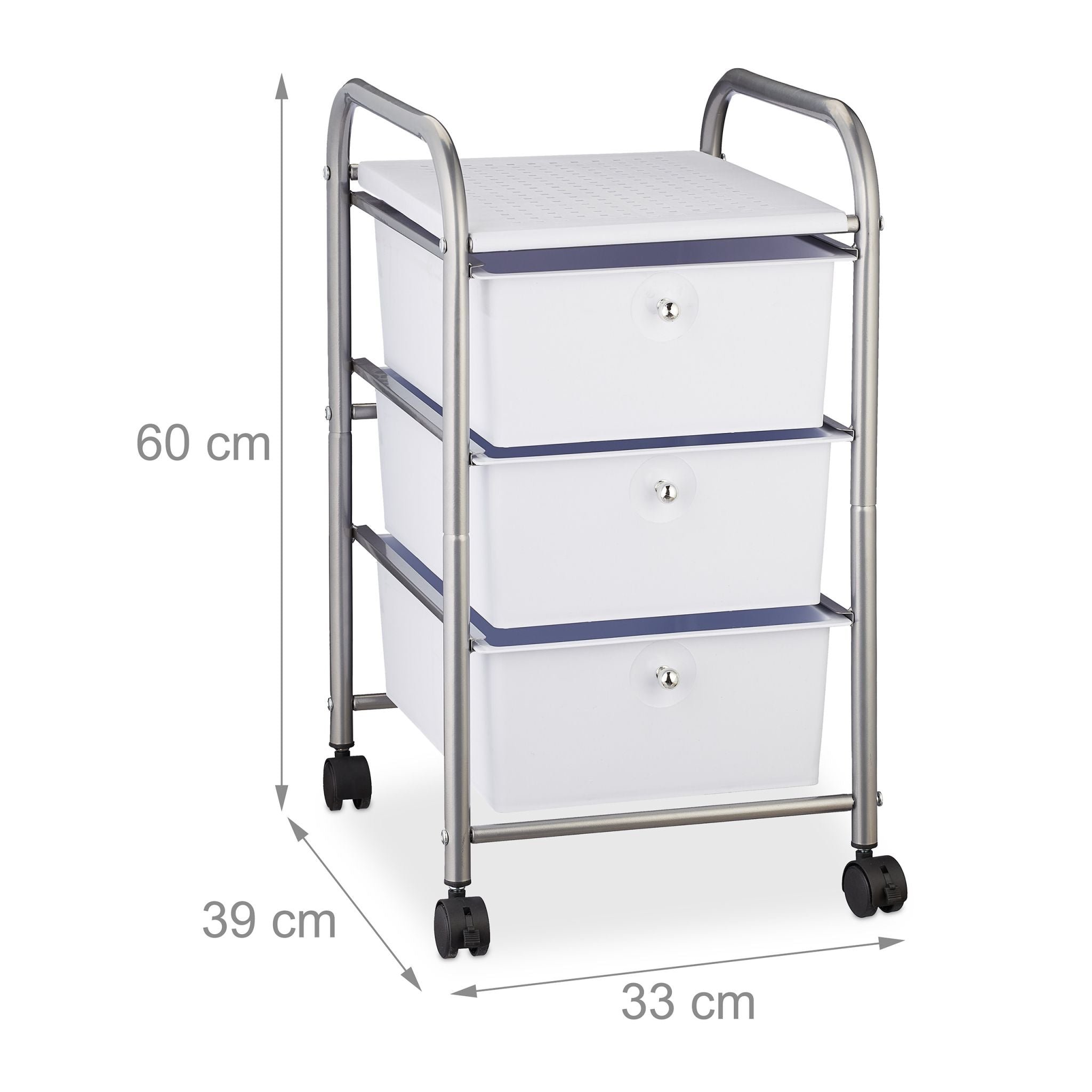 Badrollwagen mit 3 Schubladen Weiss-Silber von Relaxdays