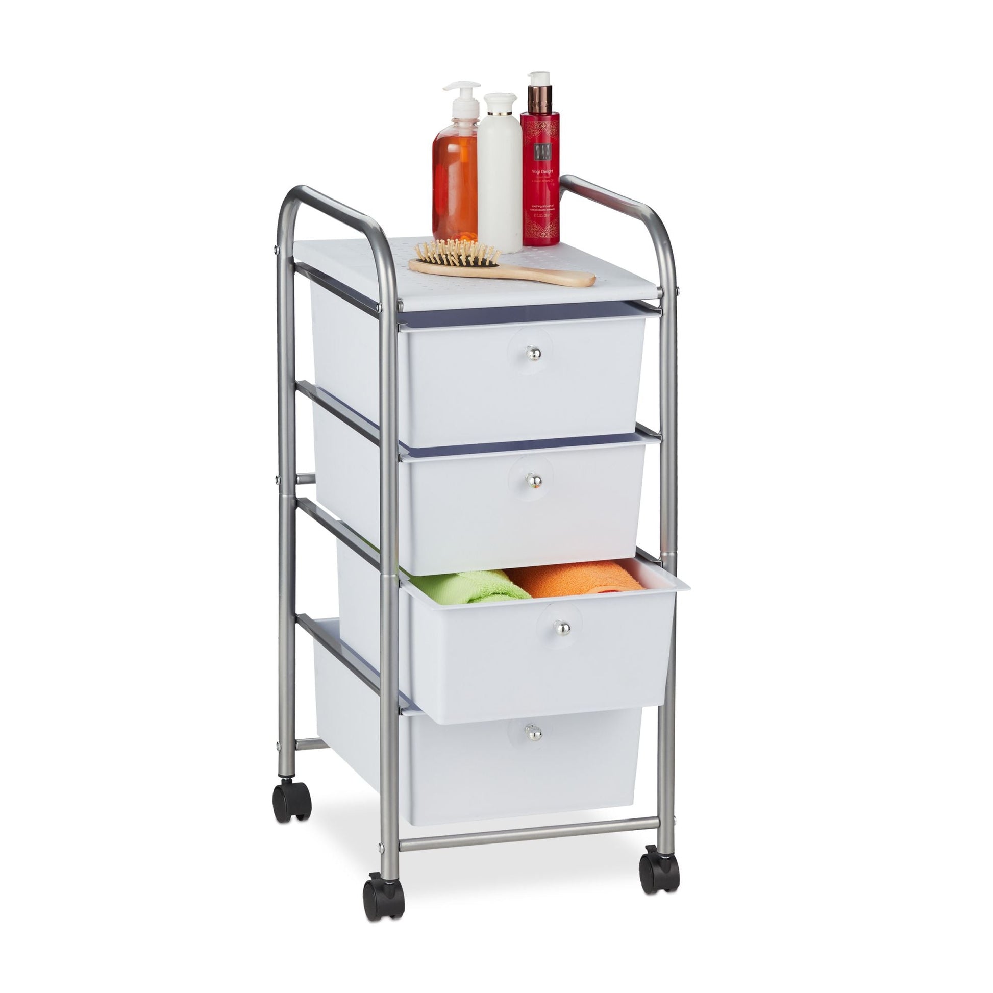 Badrollwagen mit 4 Schubladen Weiss-Silber von Relaxdays
