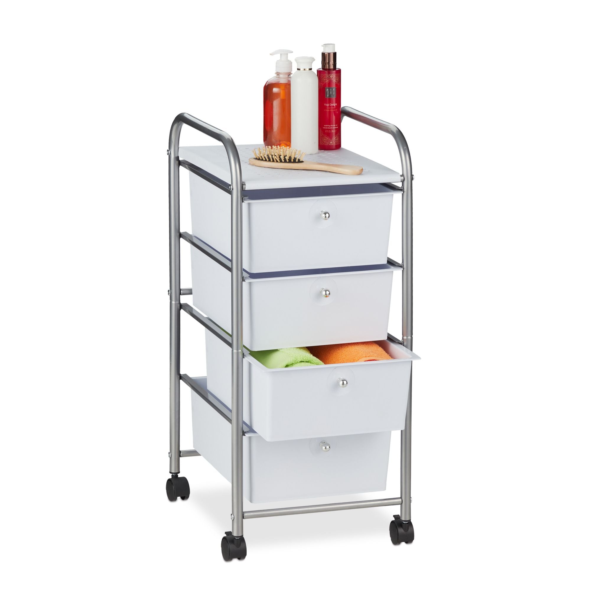 Badrollwagen mit 4 Schubladen Weiss-Silber von Relaxdays