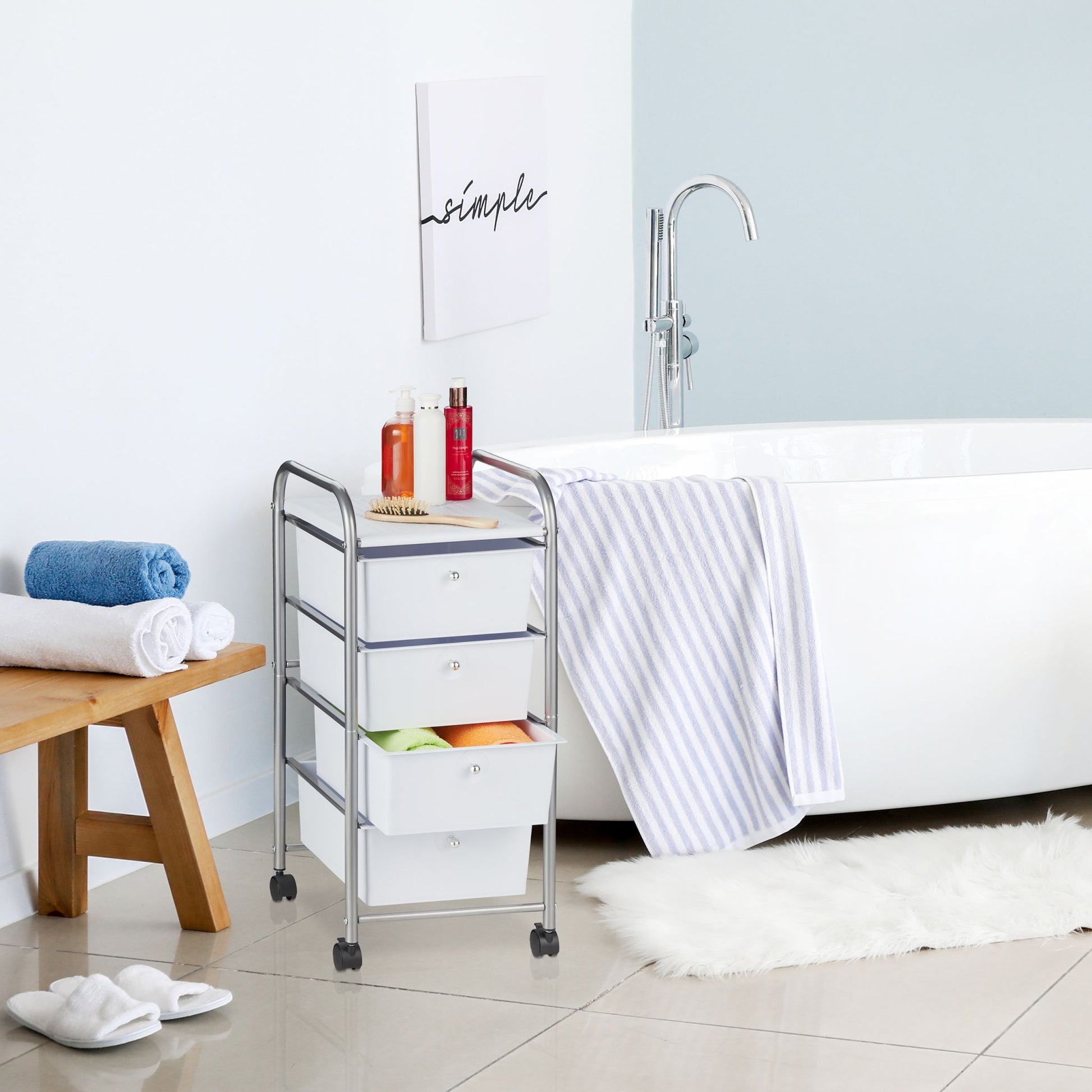 Badrollwagen mit 4 Schubladen Weiss-Silber von Relaxdays