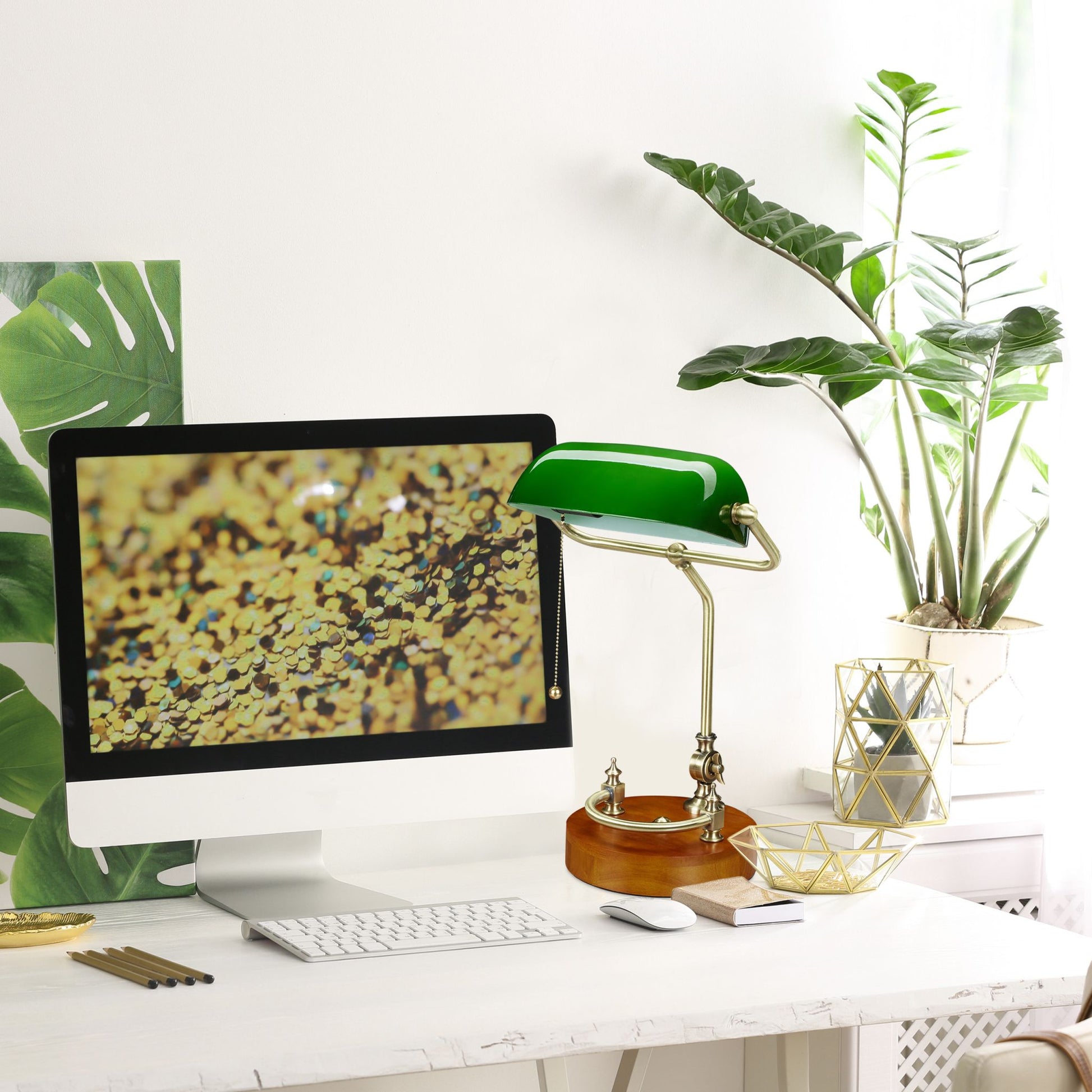 Bankerlampe mit Zugschalter Braun-Gold-Grün von Relaxdays
