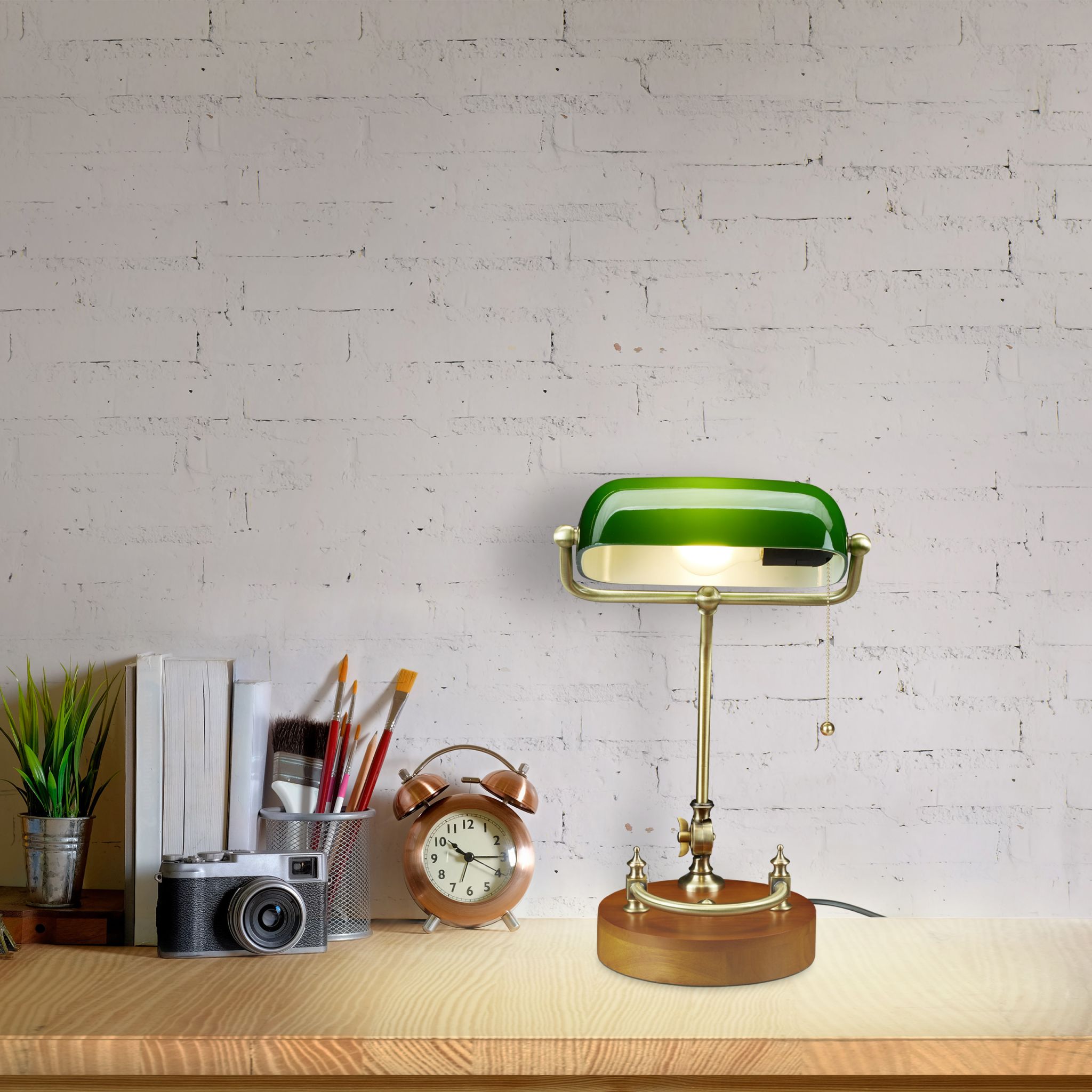 Bankerlampe mit Zugschalter Braun-Gold-Grün von Relaxdays