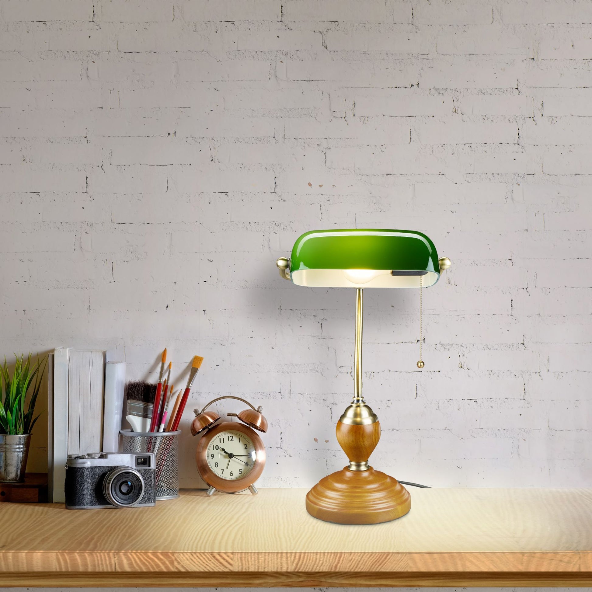 Bankerlampe mit Zugschalter Gold-Grün-Hellbraun von Relaxdays