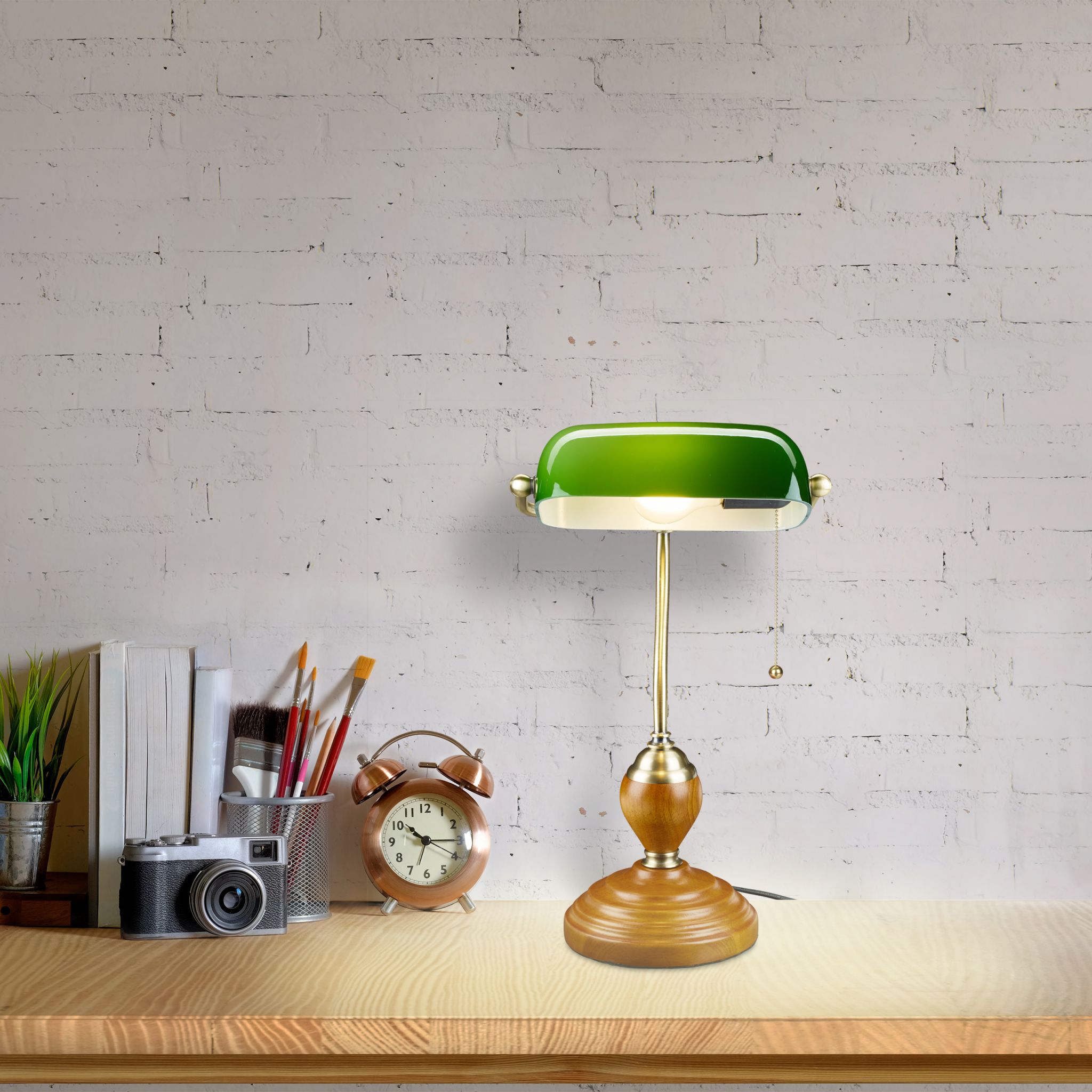 Bankerlampe mit Zugschalter Gold-Grün-Hellbraun von Relaxdays