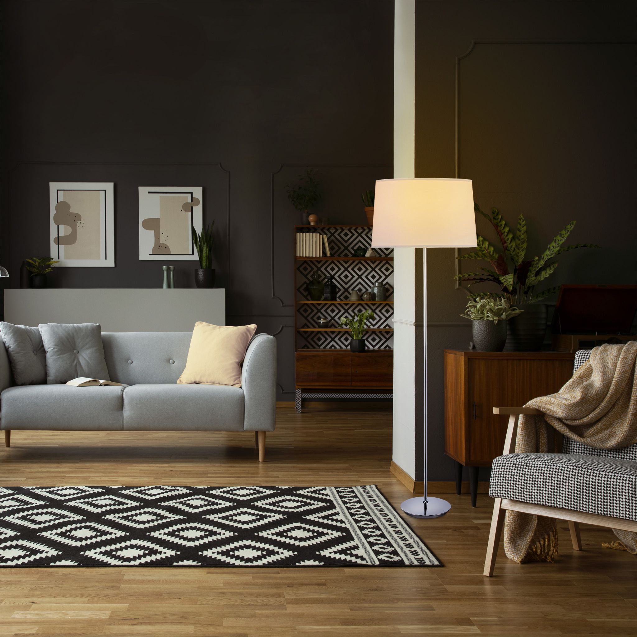Stehlampe mit Stoffschirm Weiss-Silber von Relaxdays