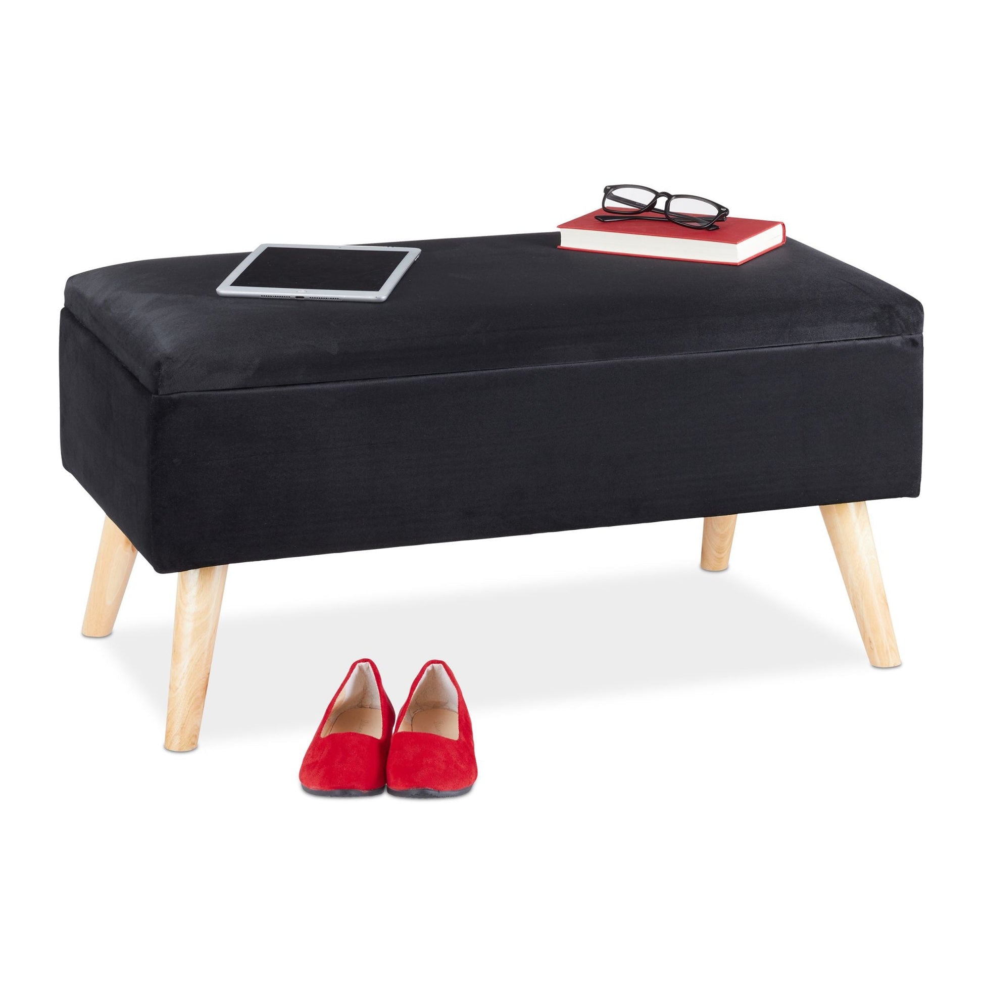 Samt Sitzbank mit Stauraum Schwarz von Relaxdays