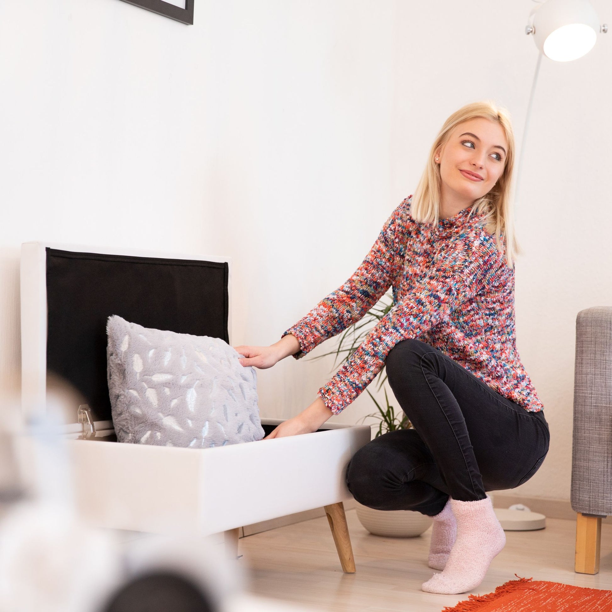 Samt Sitzbank mit Stauraum Weiss von Relaxdays