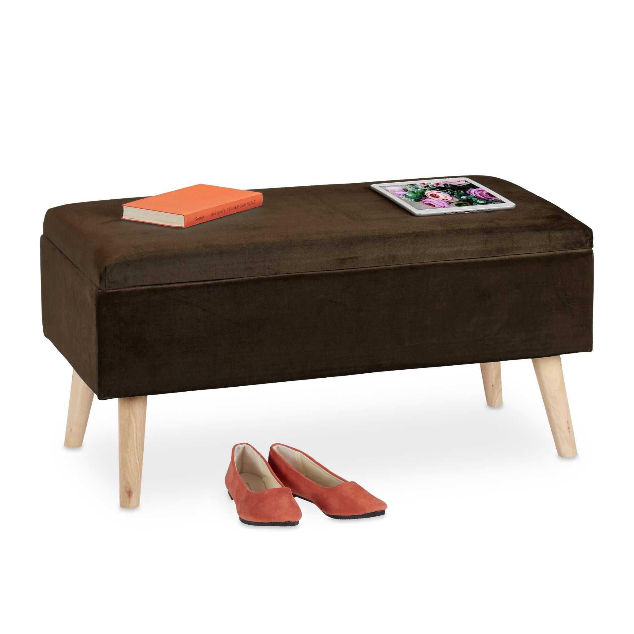 Samt Sitzbank mit Stauraum Braun von Relaxdays