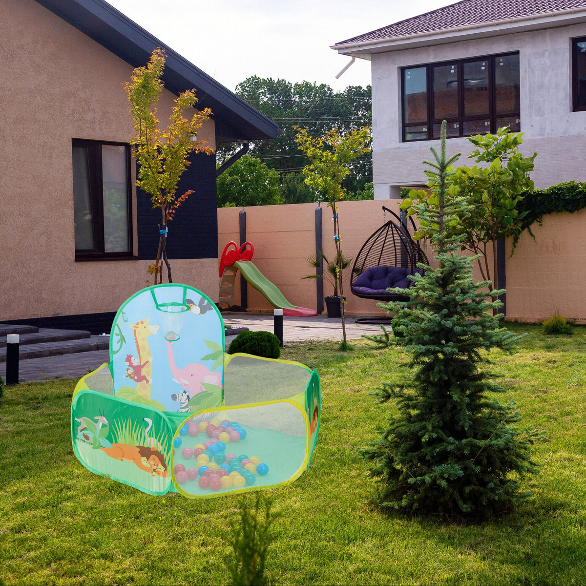 Bällebad mit Basketballkorb Grün-Hellblau-Hellbraun von Relaxdays