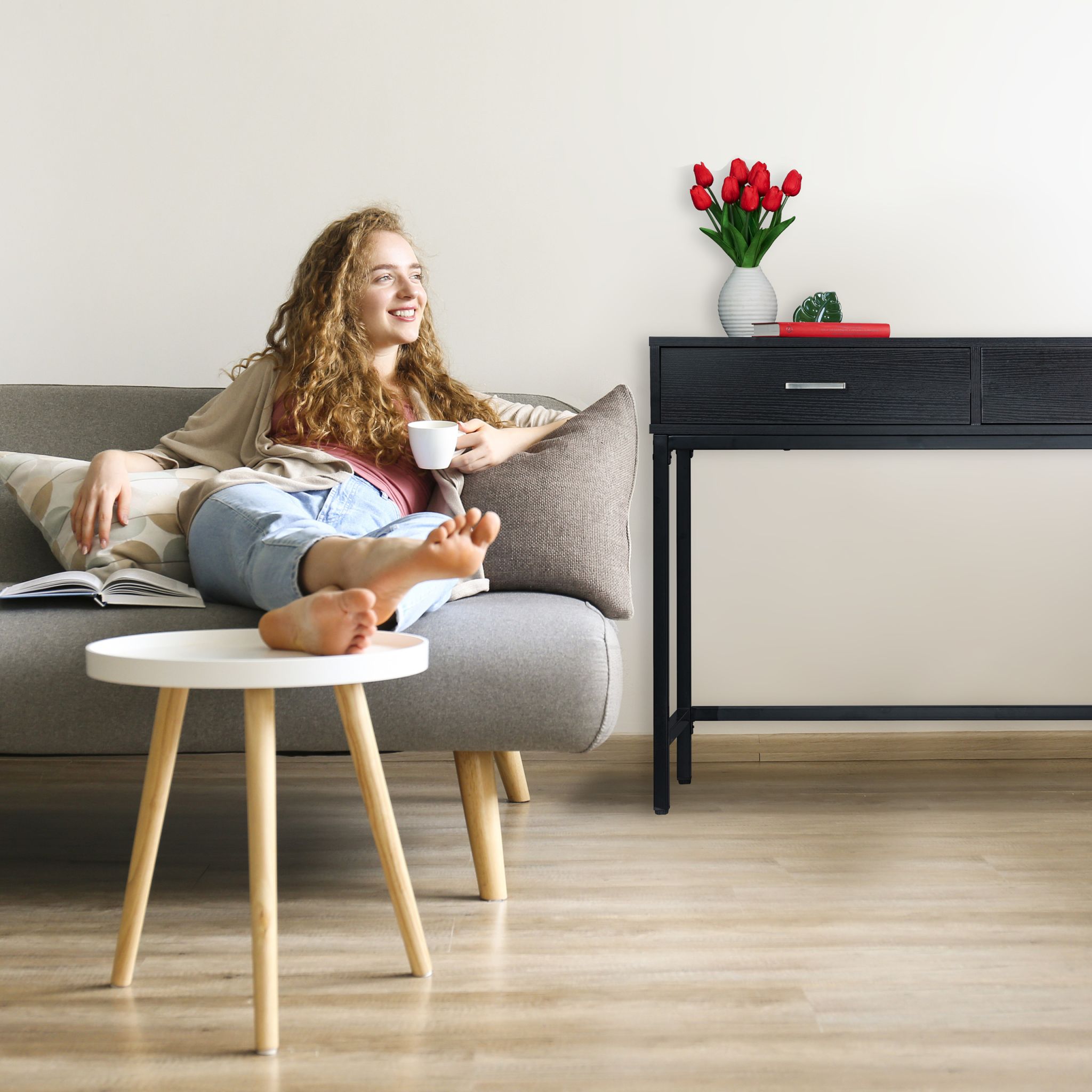 Konsolentisch mit 2 Schubladen Schwarz von Relaxdays