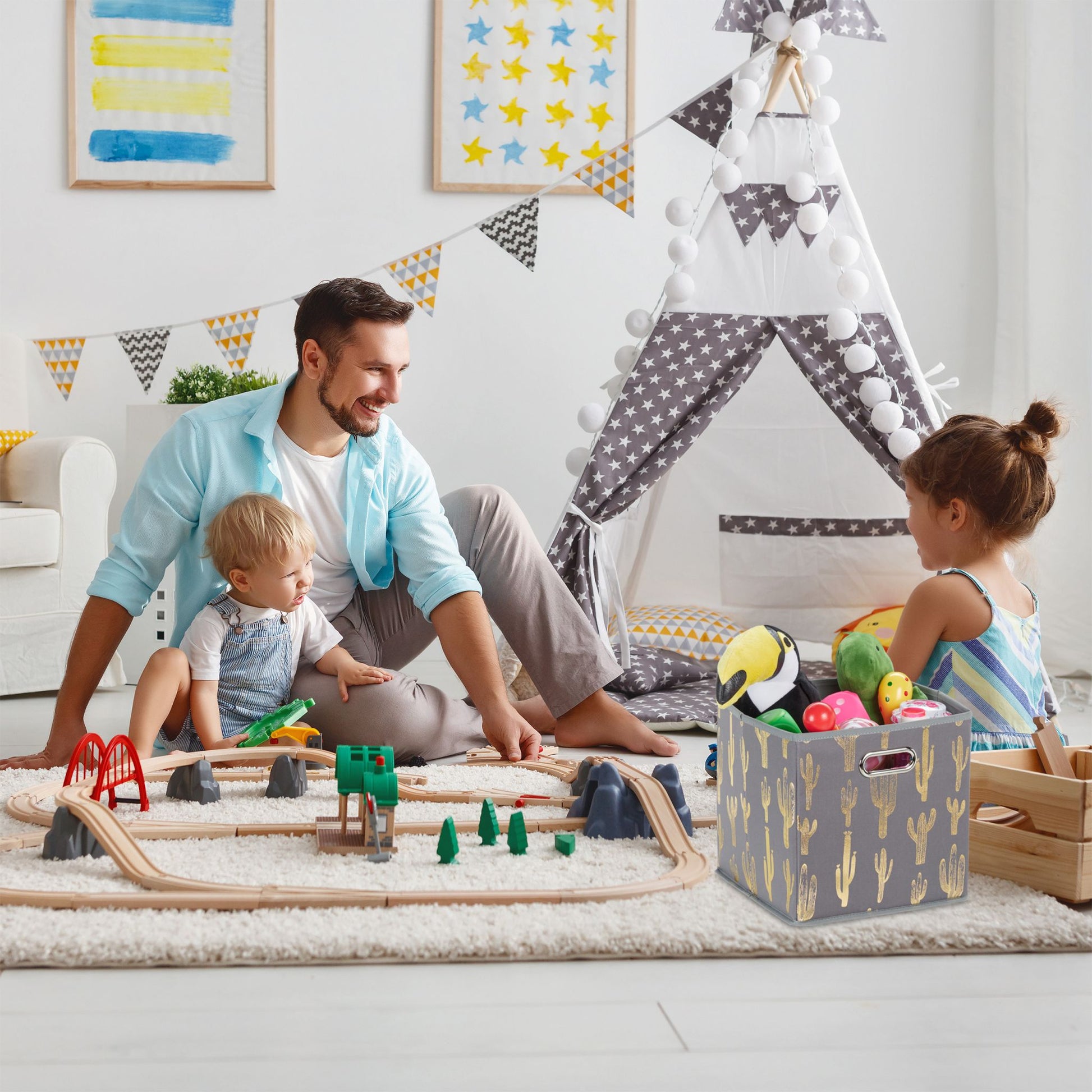 Quadratische Faltbox mit Kaktus Motiv Gold-Grau von Relaxdays