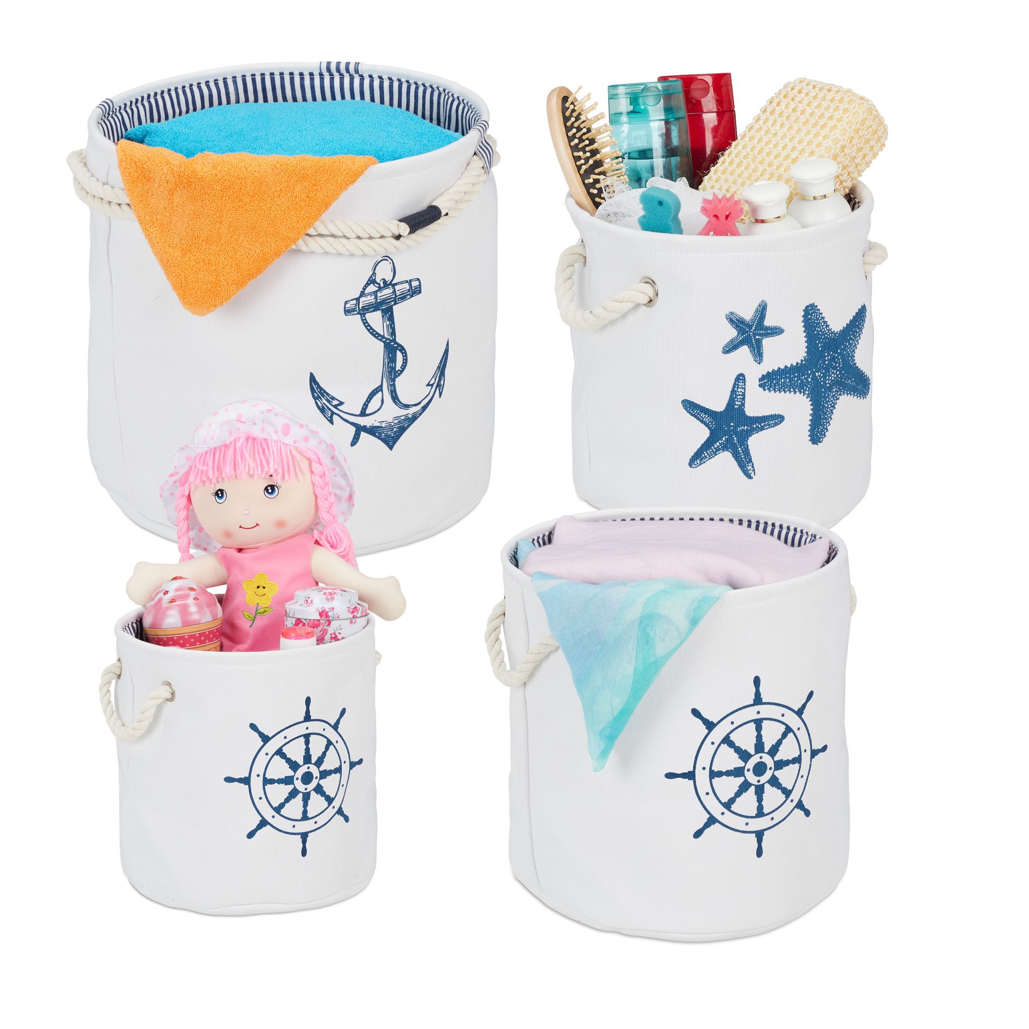 Aufbewahrungskorb 4er-Set maritim Weiss-Blau von Relaxdays