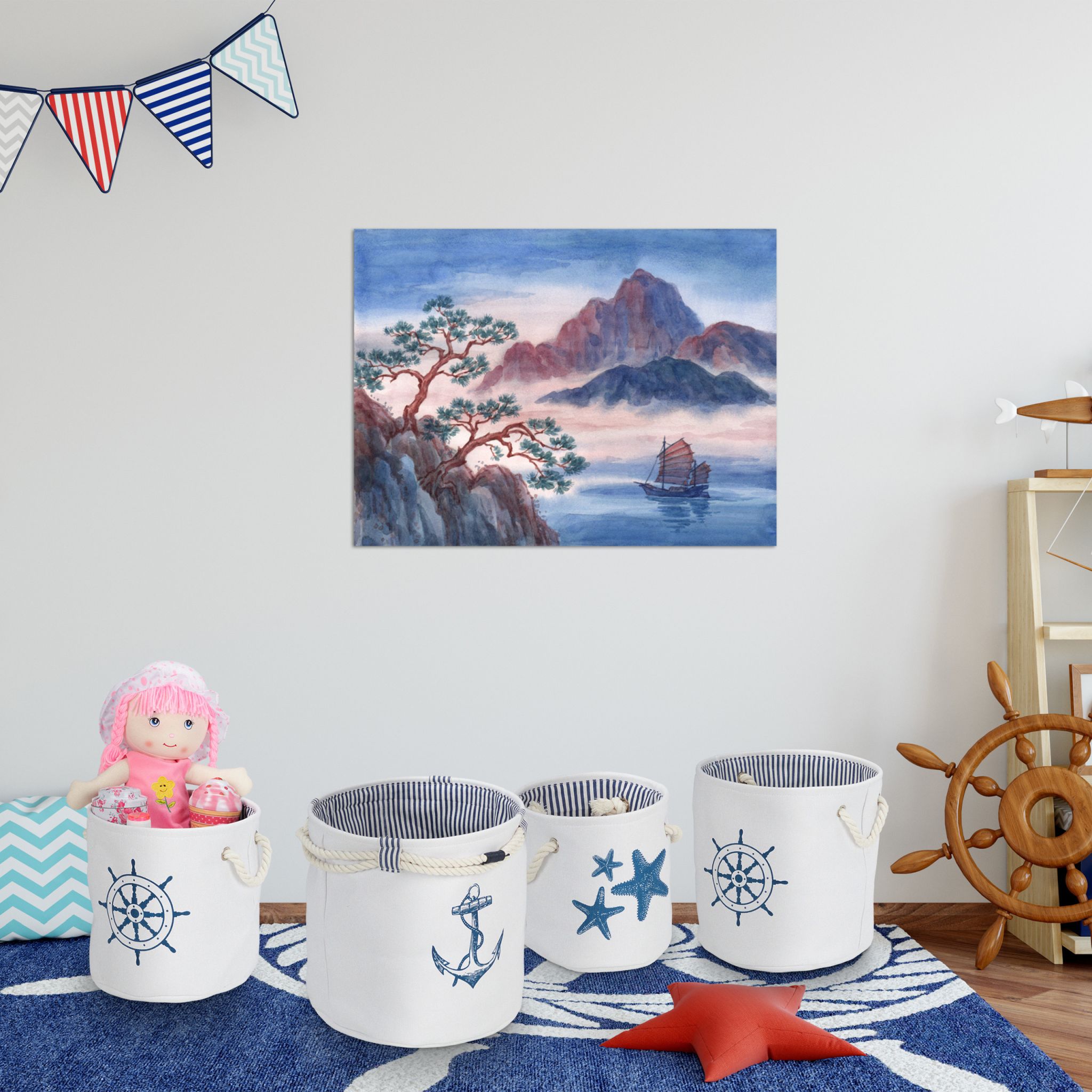 Aufbewahrungskorb 4er-Set maritim Weiss-Blau von Relaxdays