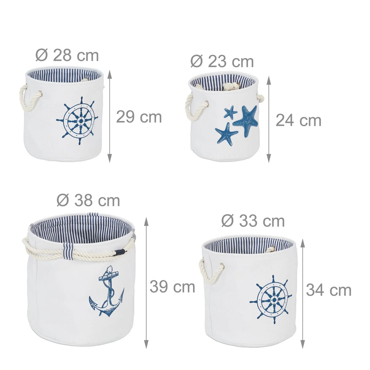 Aufbewahrungskorb 4er-Set maritim Weiss-Blau von Relaxdays