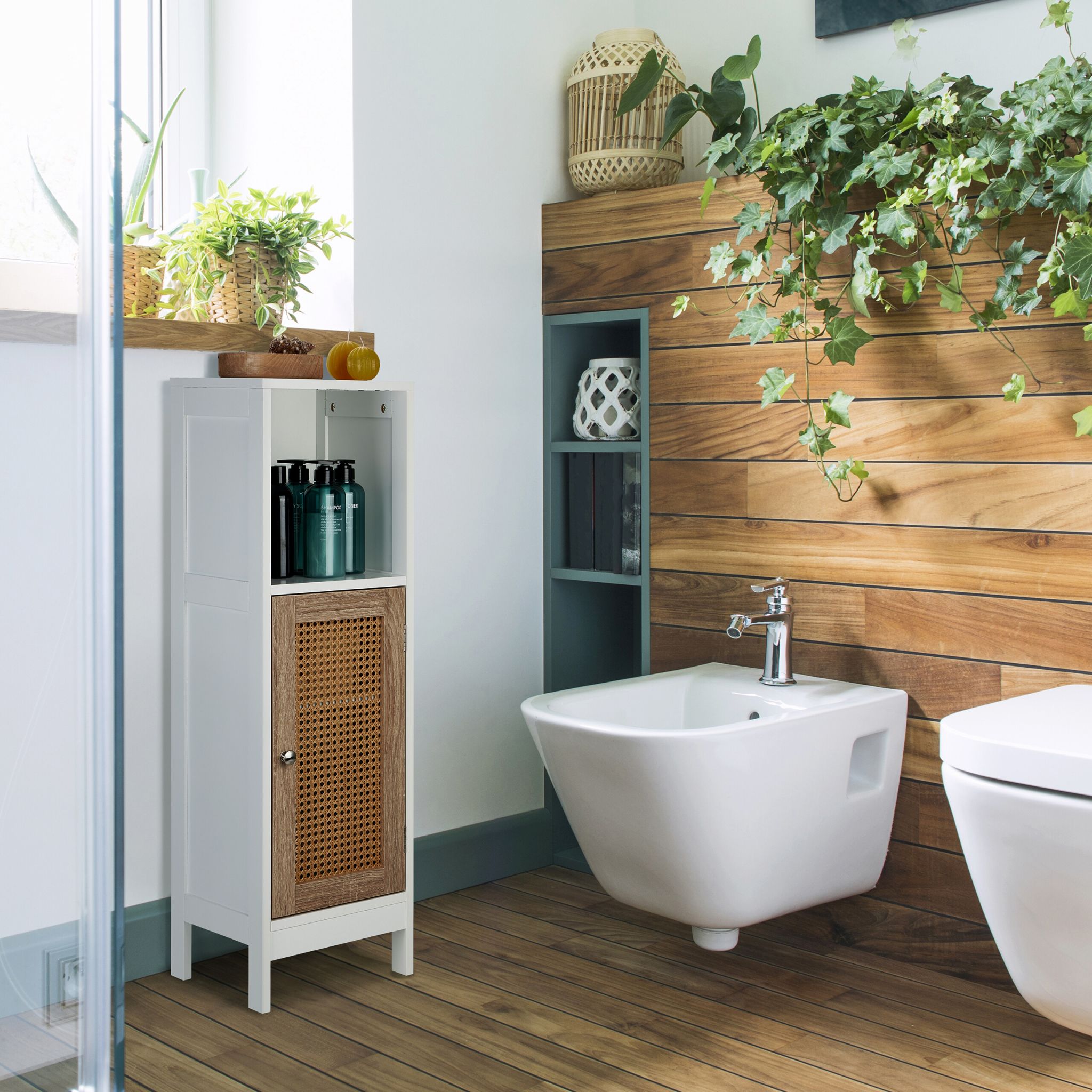 Badezimmerschrank mit Rattan-Tür Weiss-Hellbraun von Relaxdays