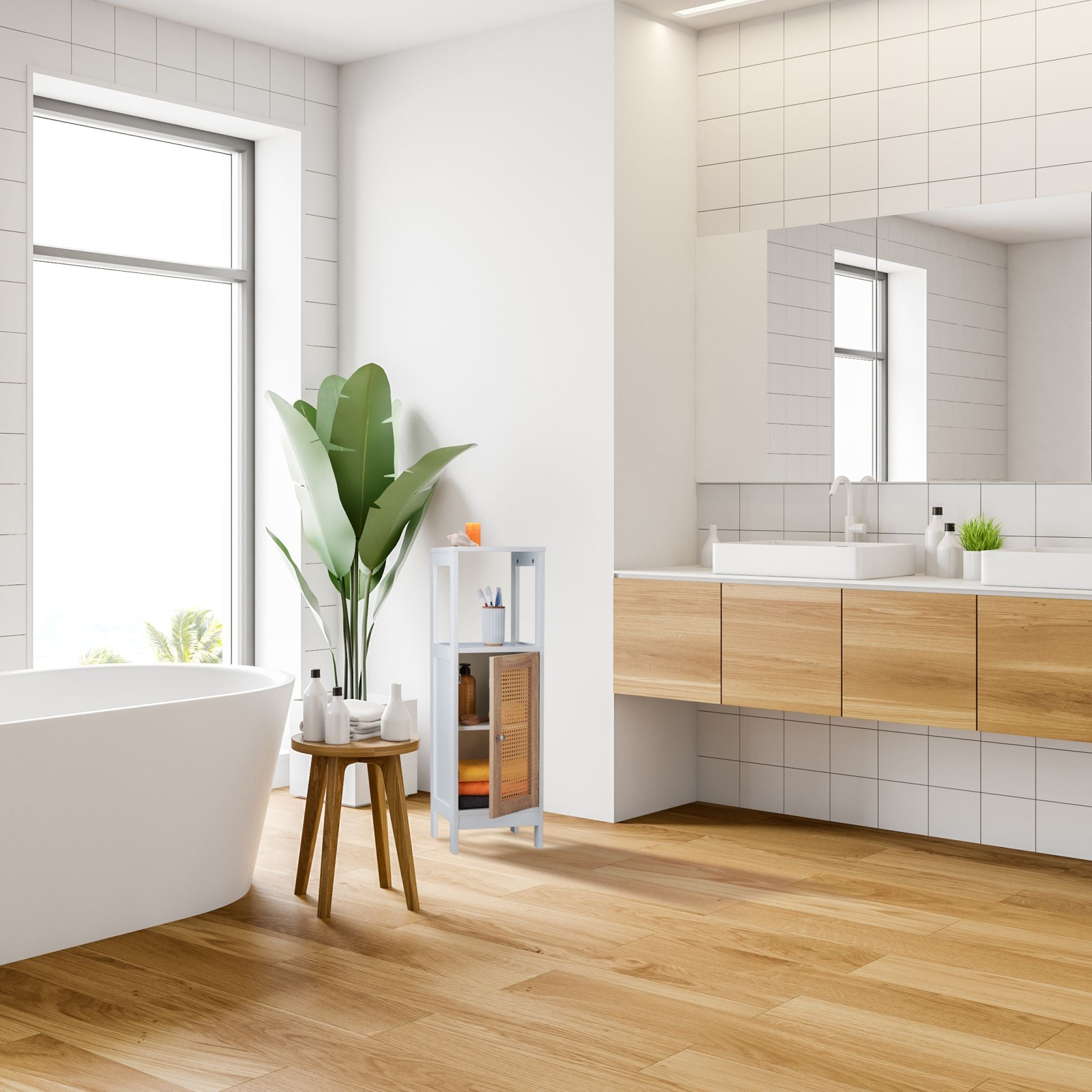 Badezimmerschrank mit 3 Fächern Weiss-Hellbraun von Relaxdays