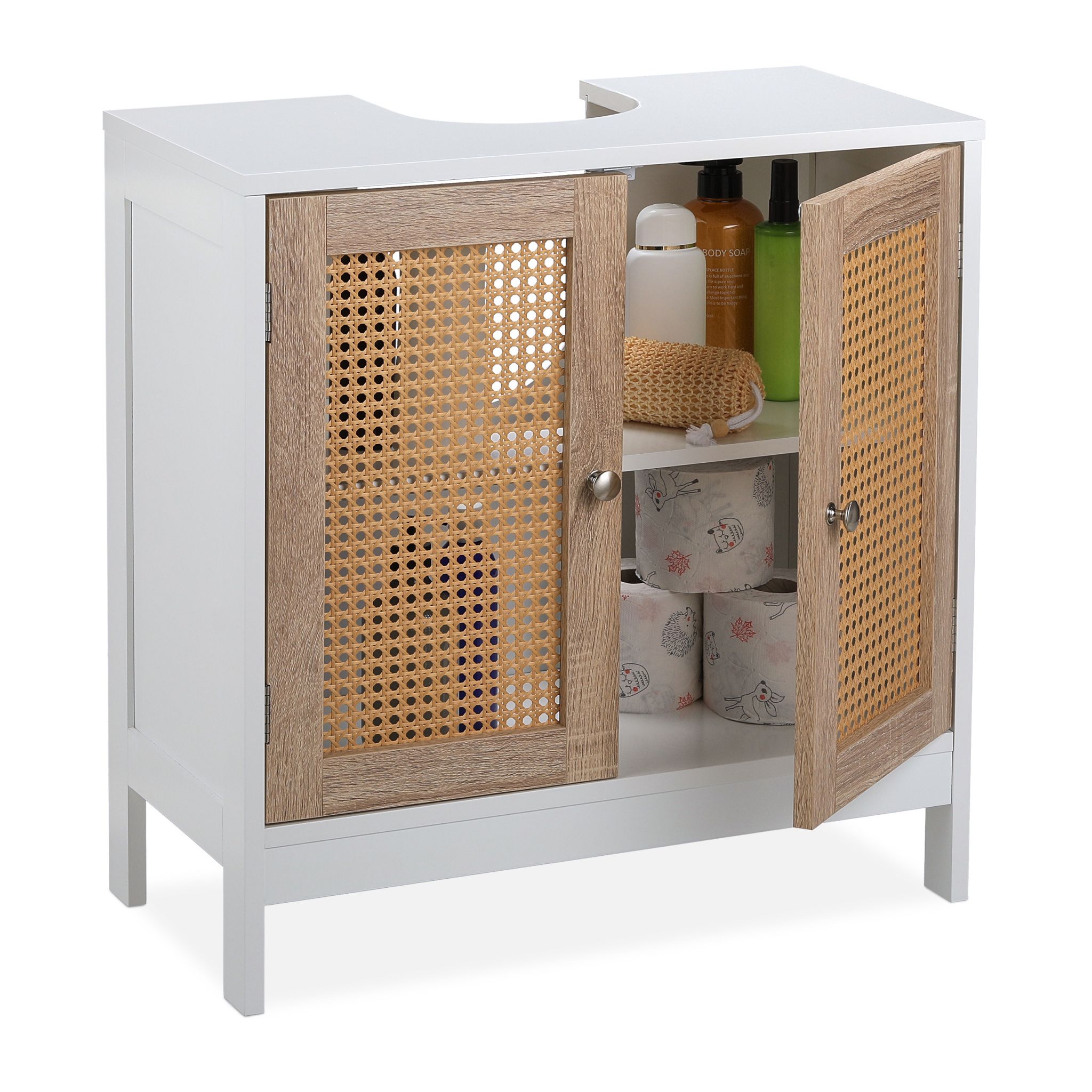 Waschbeckenunterschrank mit Rattan-Türen Weiss-Hellbraun von Relaxdays