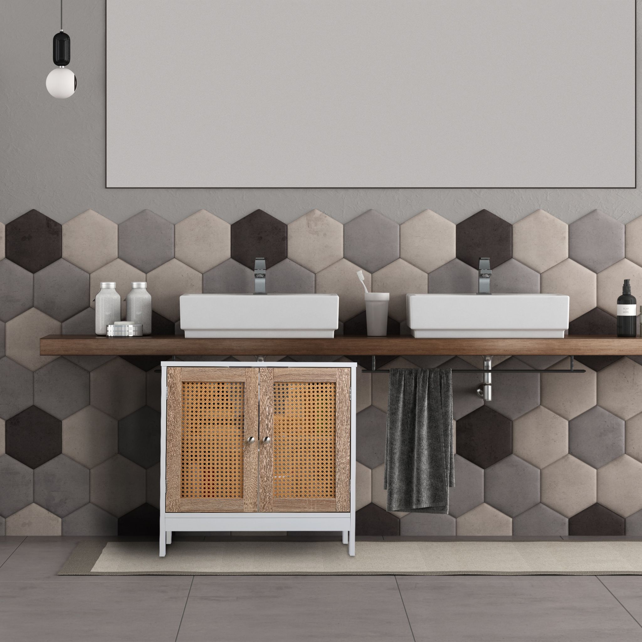 Waschbeckenunterschrank mit Rattan-Türen Weiss-Hellbraun von Relaxdays