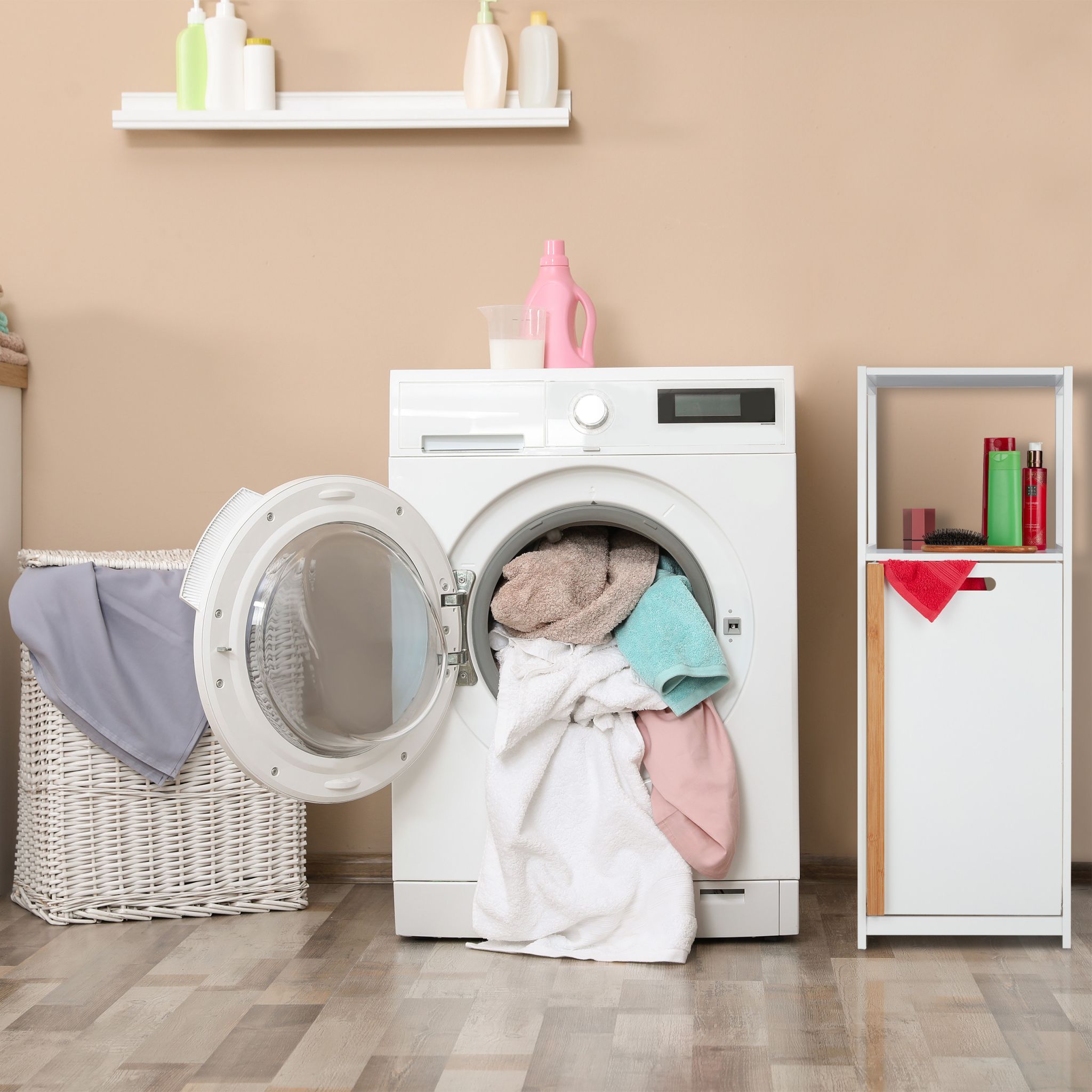 Badregal mit Wäschekorb Beige-Weiss-Hellbraun von Relaxdays