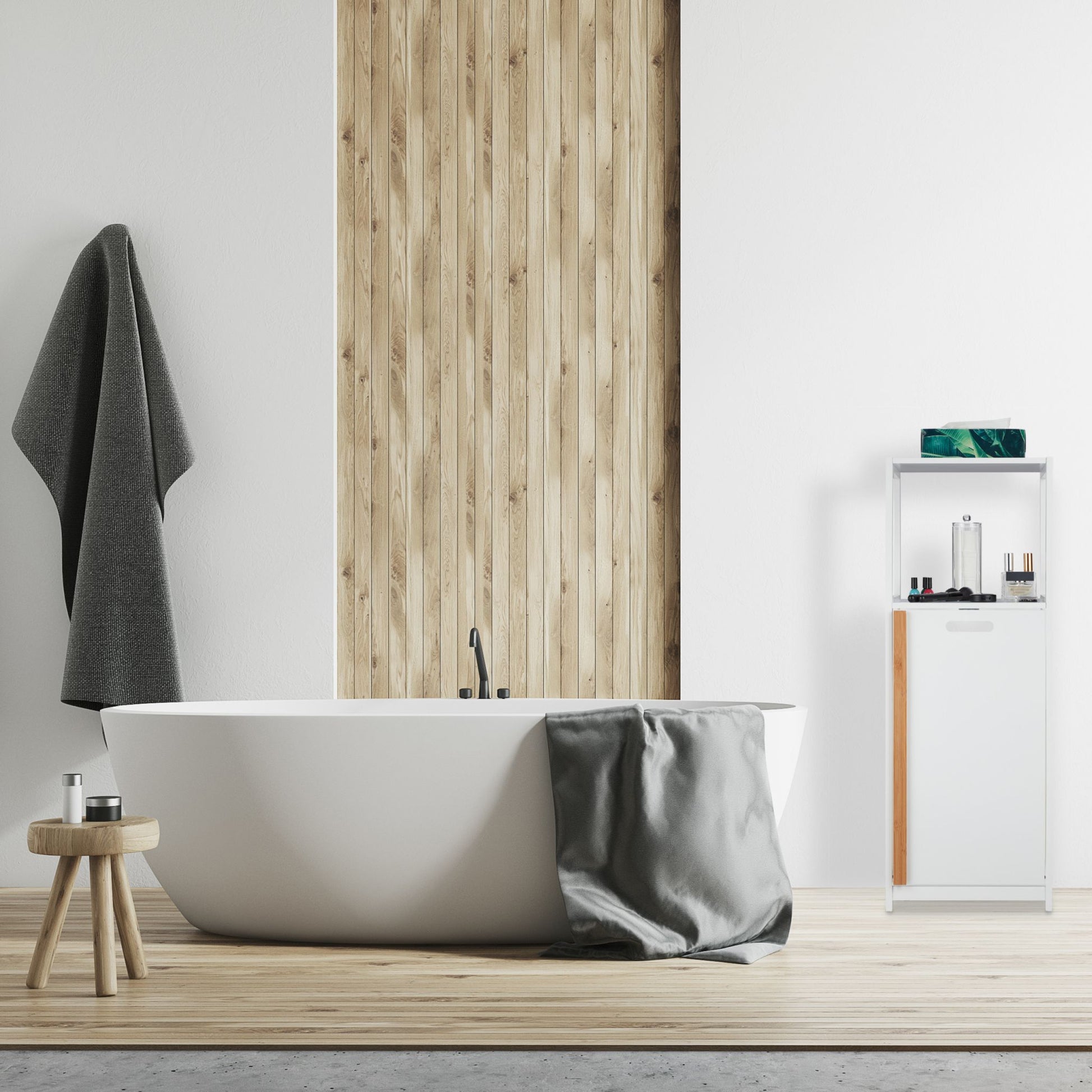 Badregal mit Wäschekorb Beige-Weiss-Hellbraun von Relaxdays
