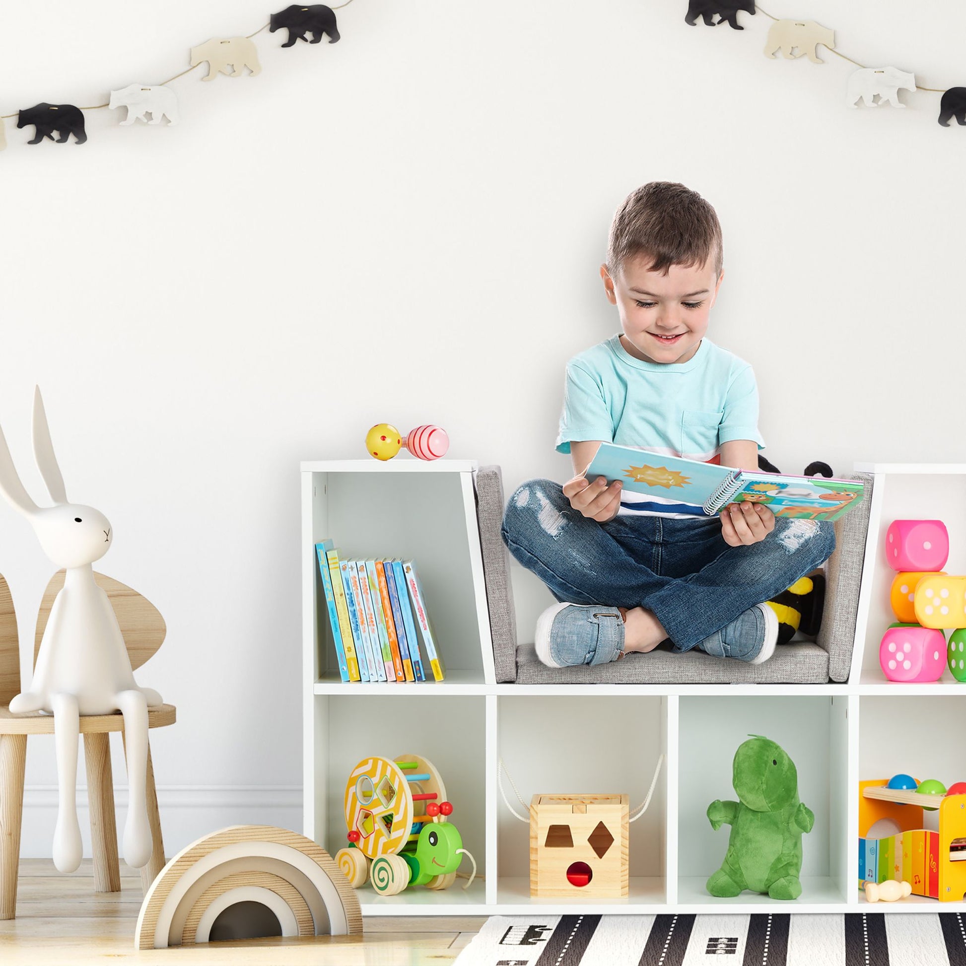 Bücherregal mit Sitzkissen Weiss-Grau von Relaxdays