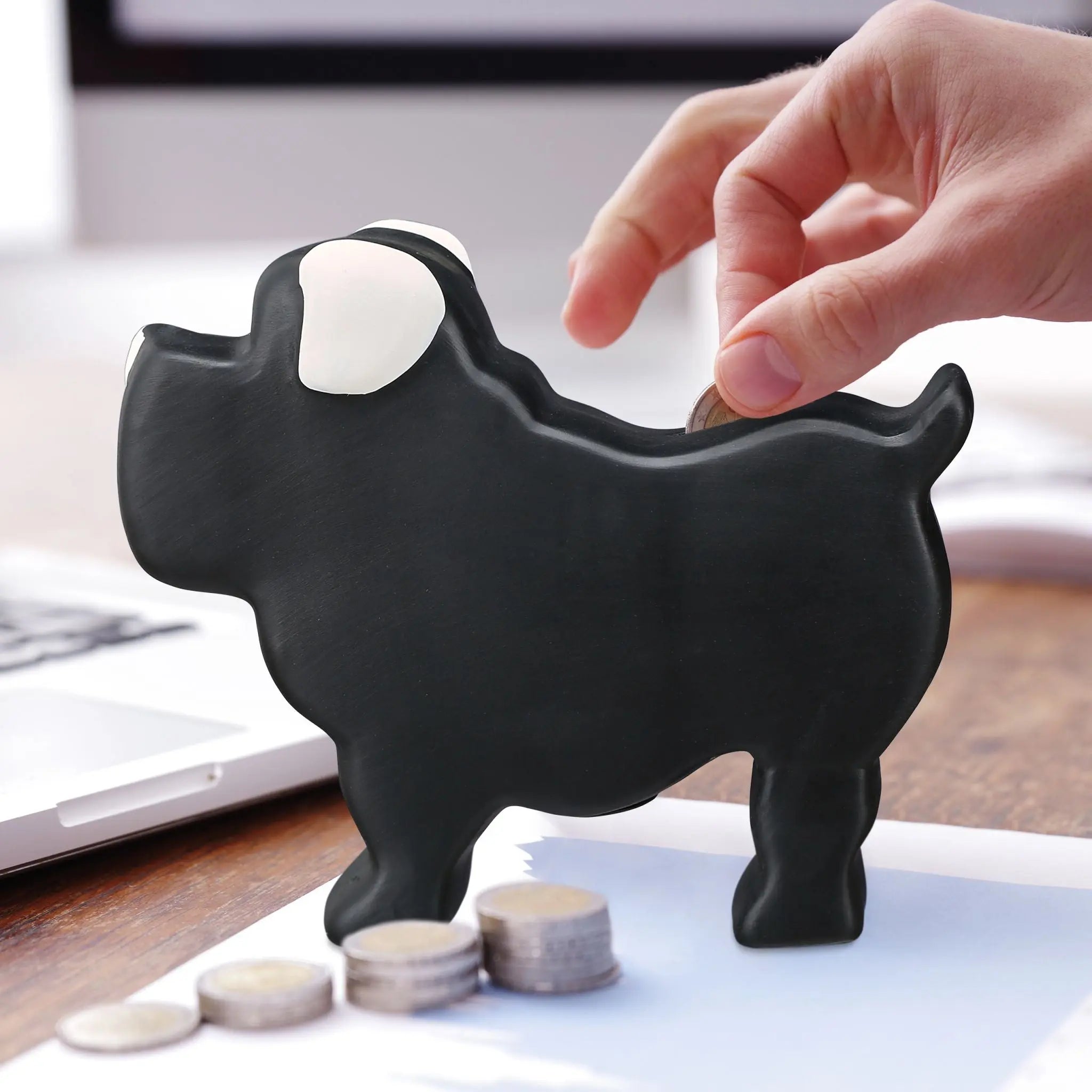 Spardose Hund zum Beschriften Weiss-Schwarz von Relaxdays