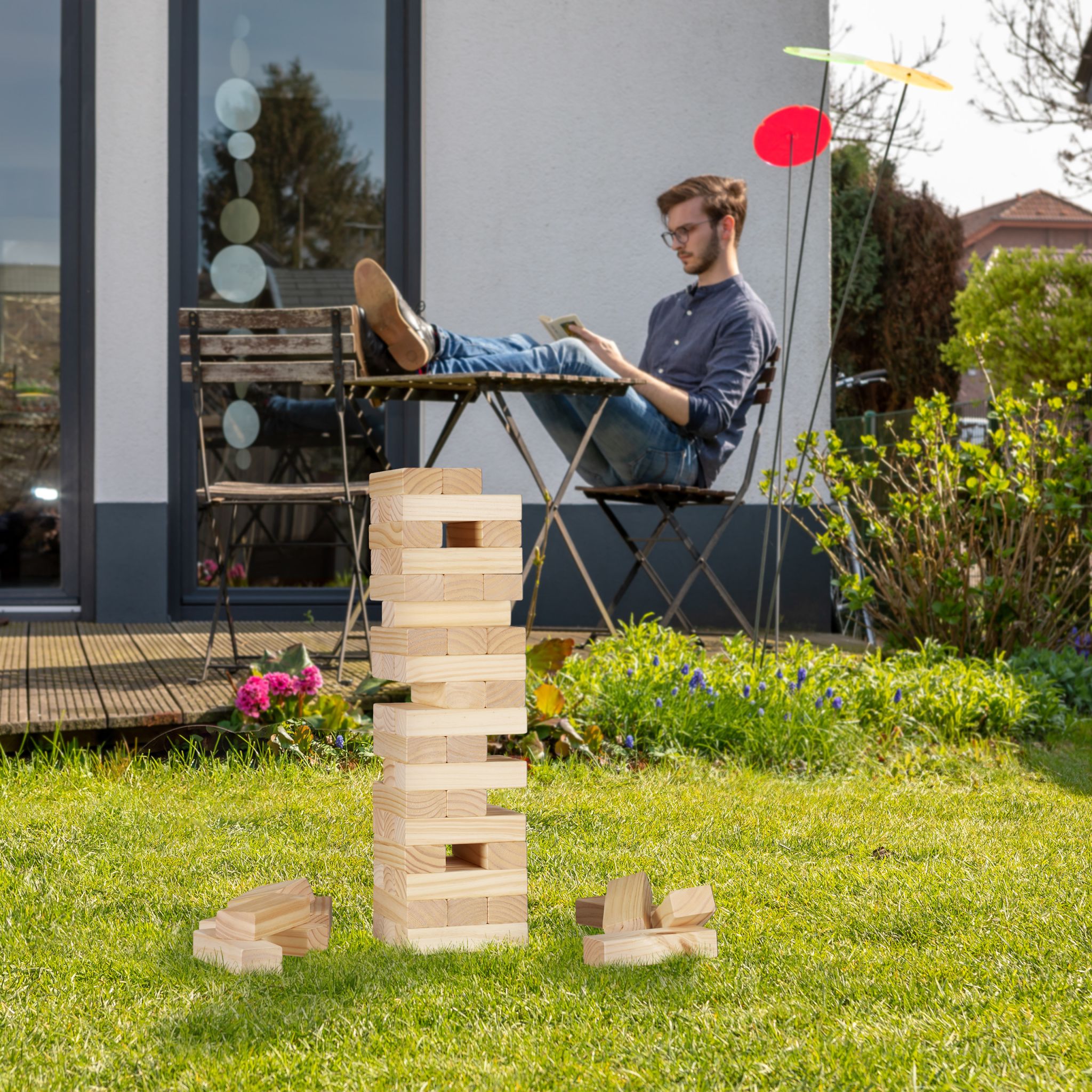 XL Wackelturm Holz Hellbraun-Schwarz von Relaxdays
