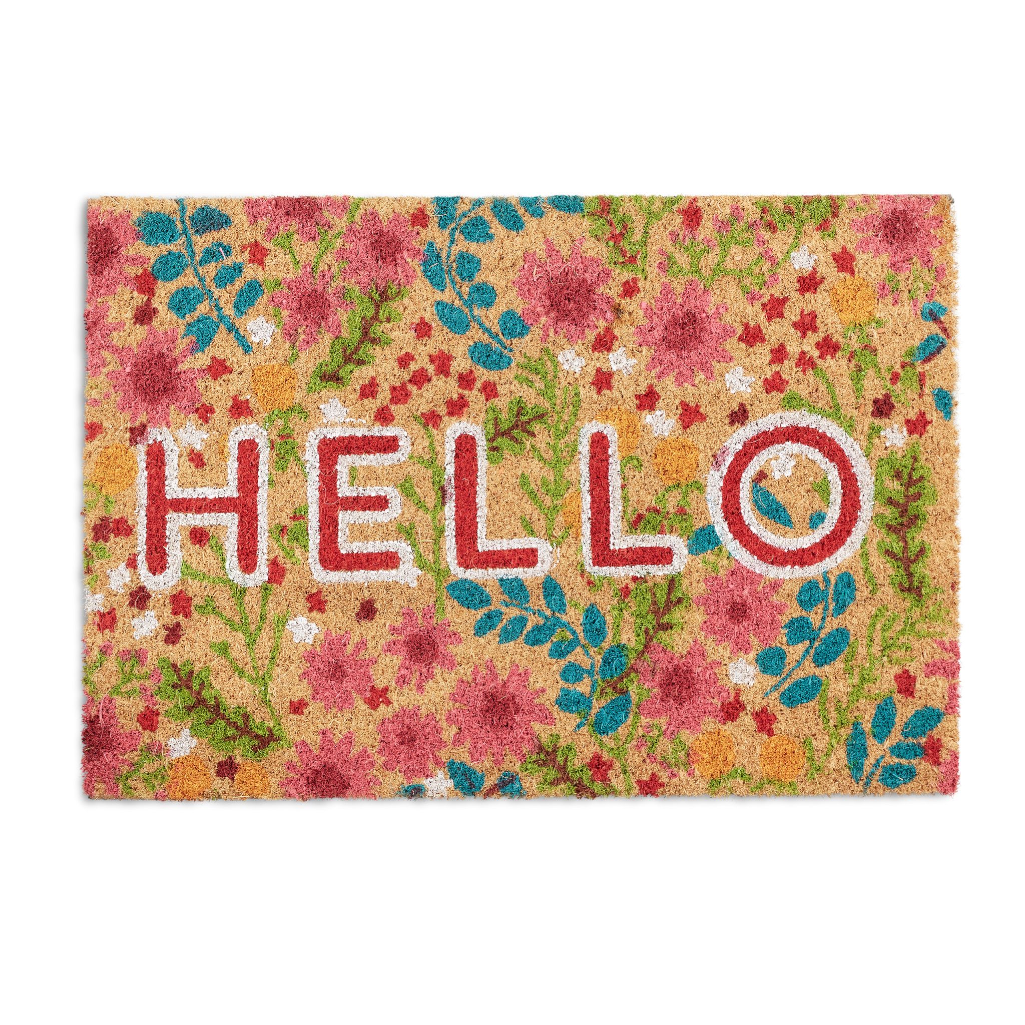 Fussmatte Kokos Hello Blumen Beige-Blau-Rot von Relaxdays
