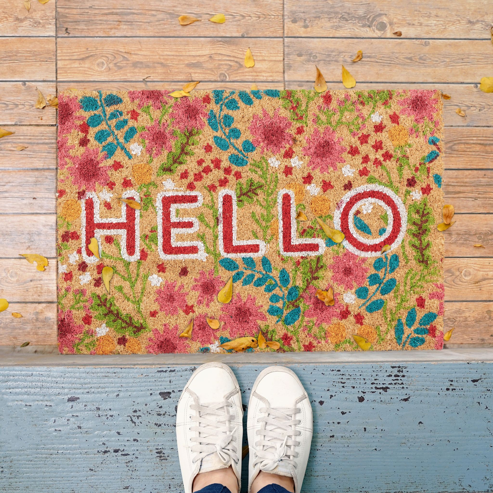 Fussmatte Kokos Hello Blumen Beige-Blau-Rot von Relaxdays